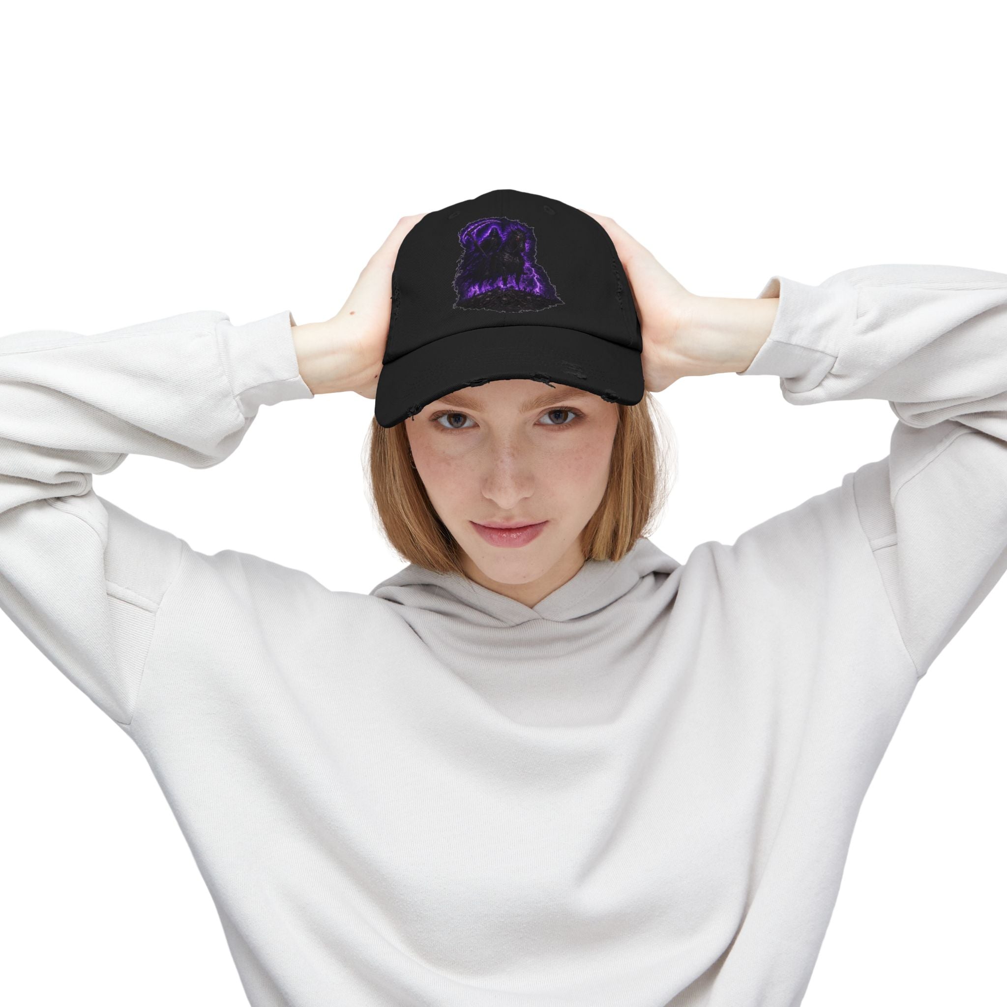 Distressed Black Cap — Purple Glowing Reaper Design