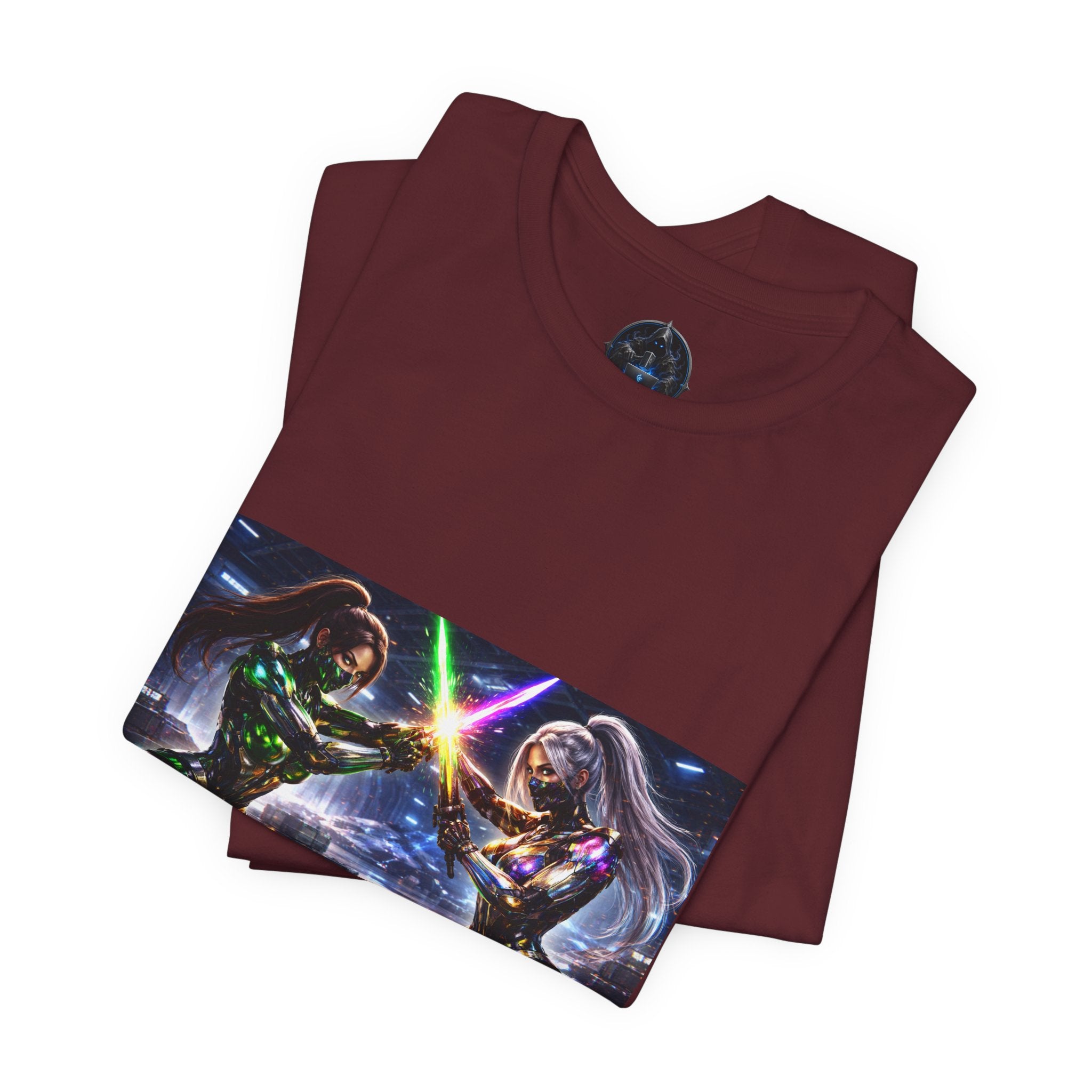 Sci‑Fi Duel Graphic Tee — Neon Cyber Warriors Chest Print