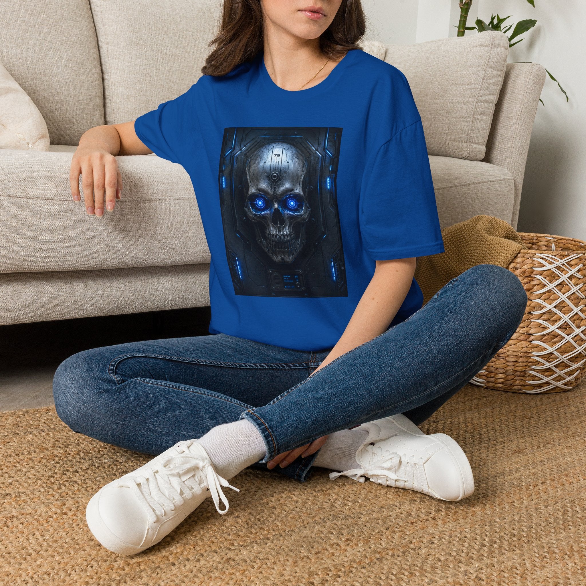 Skull Cyberpunk T-Shirt — Blue Glowing Skull Sci‑Fi Graphic Tee