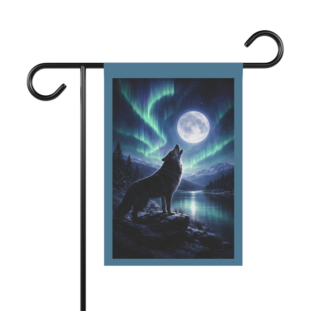 Howling Wolf Moon Garden Flag — Northern Lights Outdoor House Banner