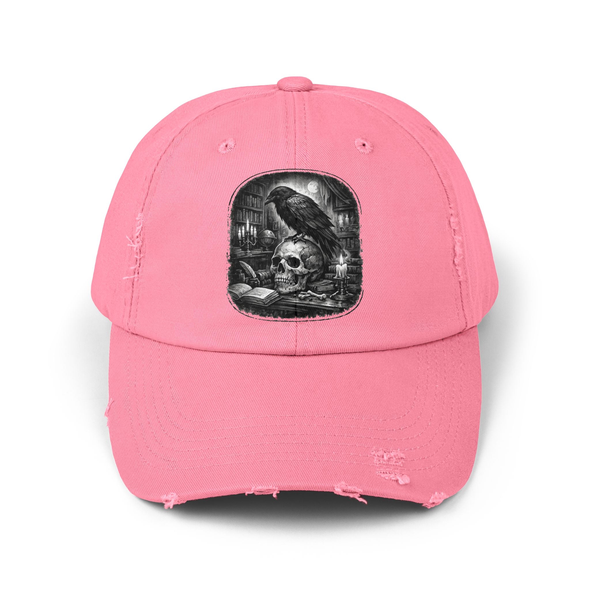 Distressed Raven & Skull Cap — Gothic Vintage Baseball Hat