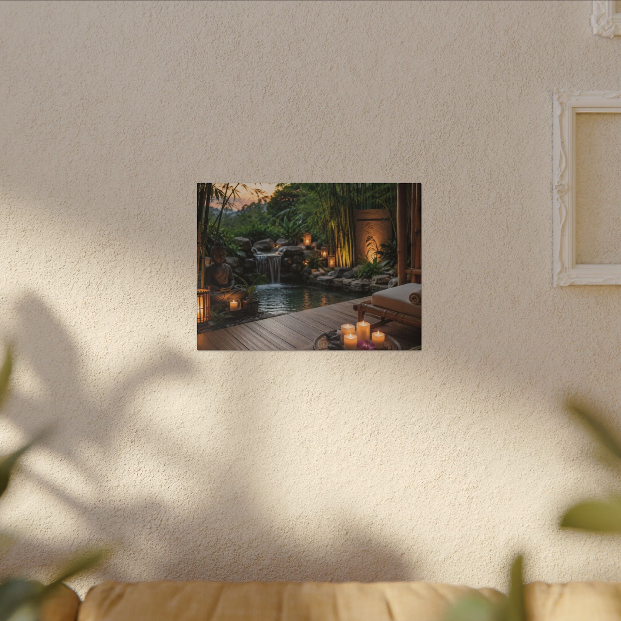 Zen Spa Retreat Canvas — Tranquil Bamboo Waterfall Wall Art