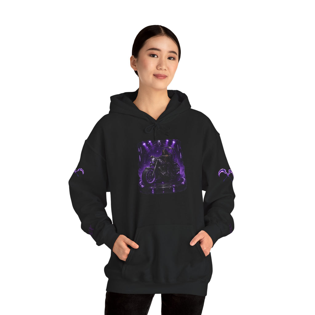 Premium Dark Rider Crew Hoodie — Purple Skull Motorcycle Biker Pullover
