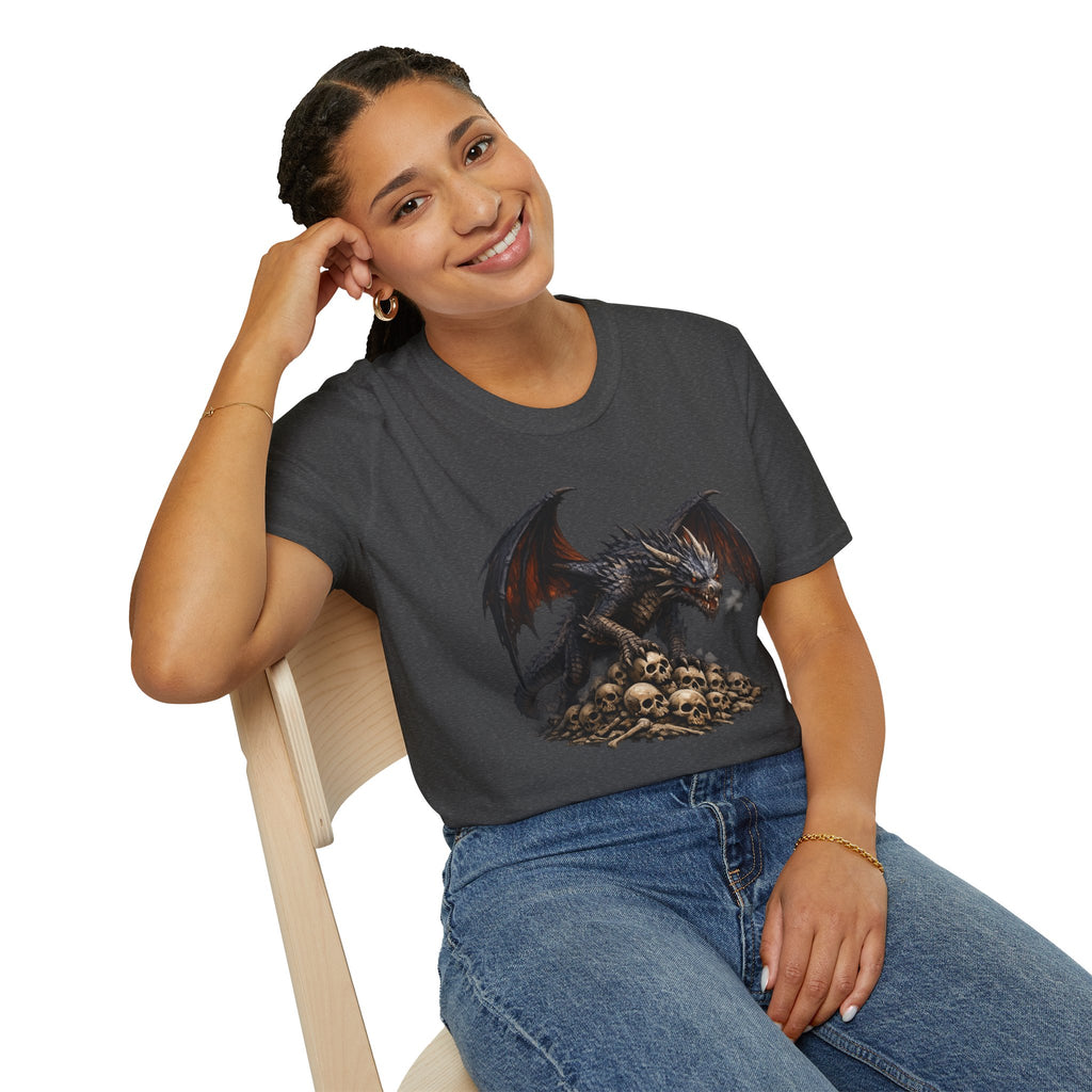 Dragon on Skull Pile Graphic T-Shirt — Dark Fantasy Winged Dragon Design