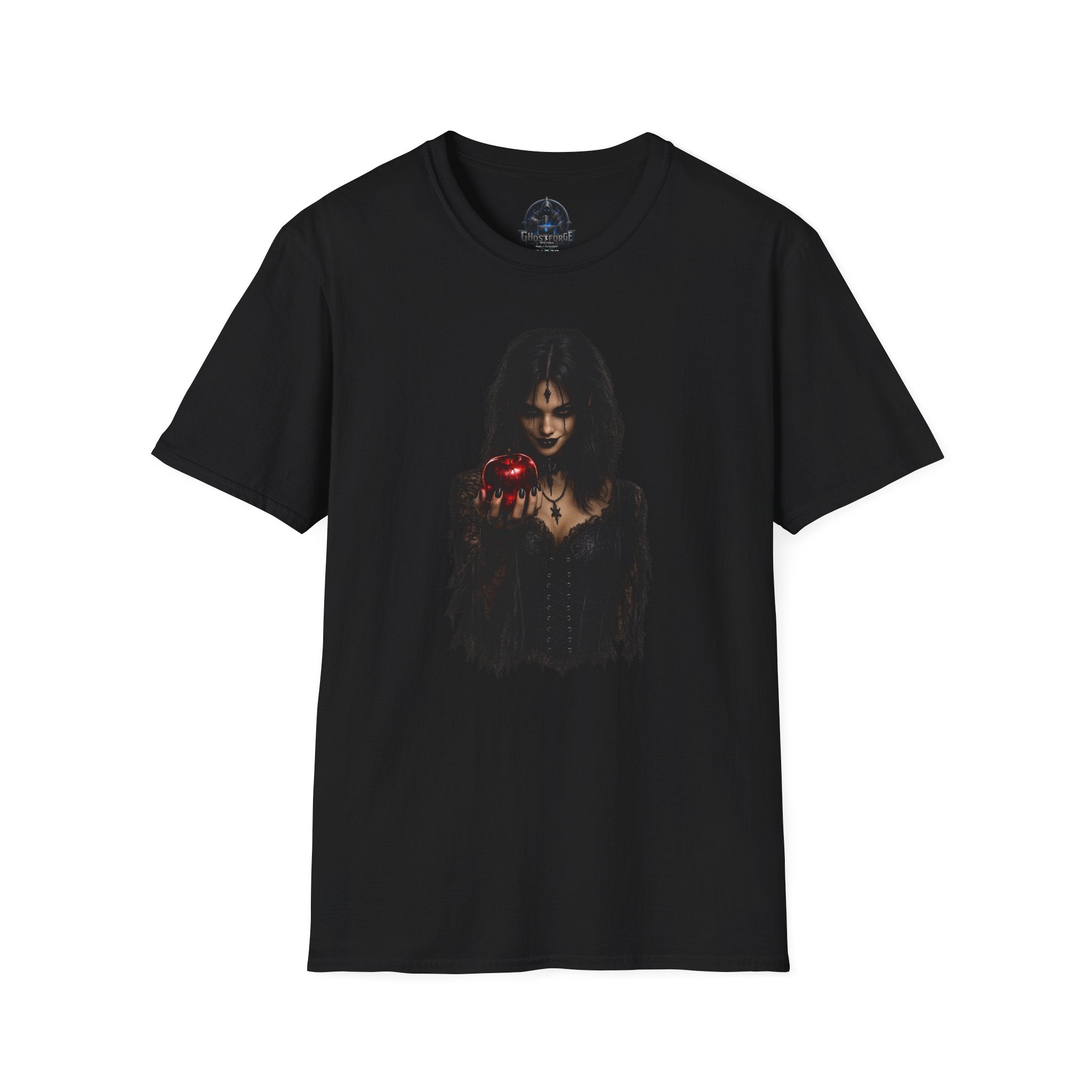 Dark Enchantress T-Shirt — Gothic Witch Holding Red Apple