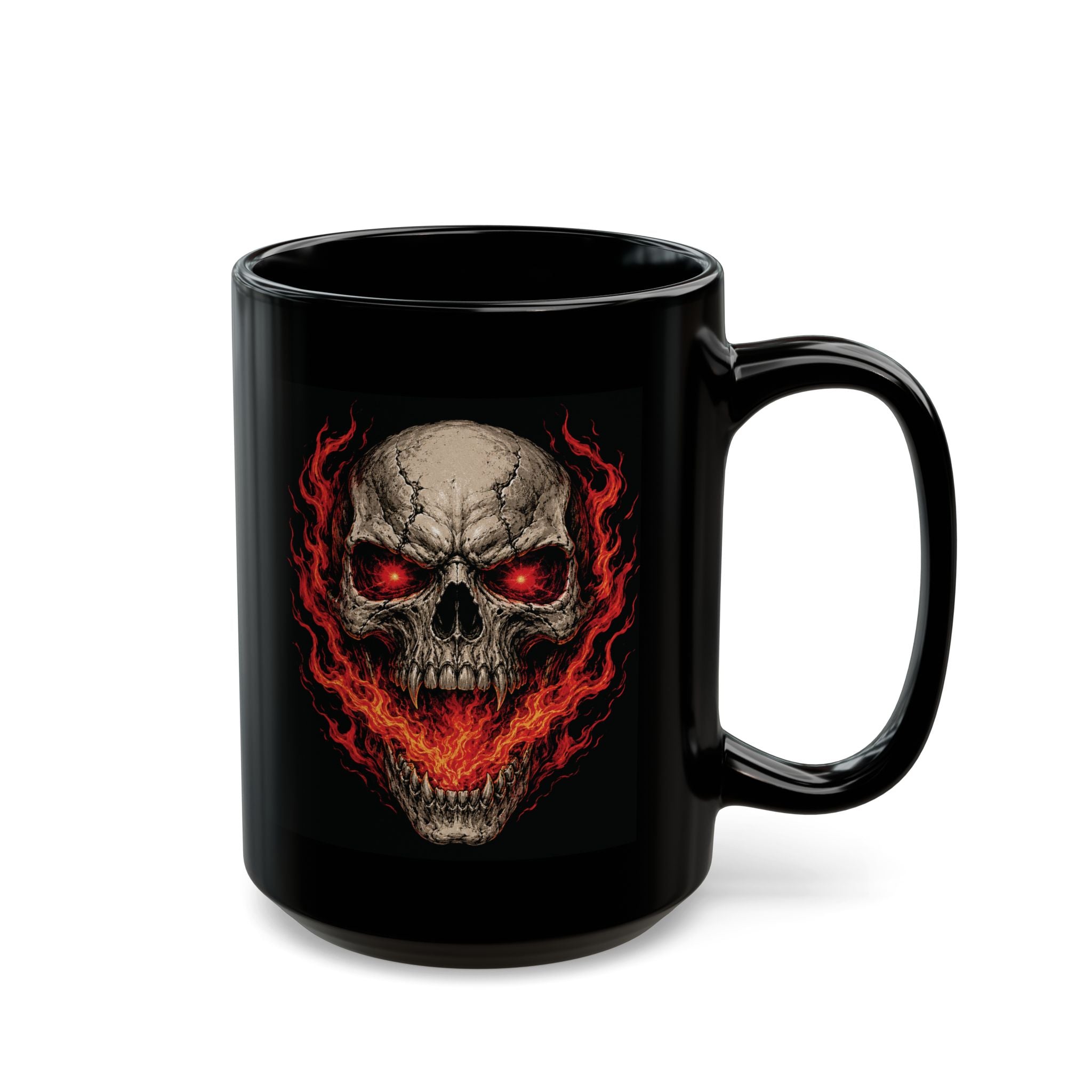 Flaming Skull Black Mug — Horror Skull Coffee Cup with Fiery Eyes (11oz/15oz)