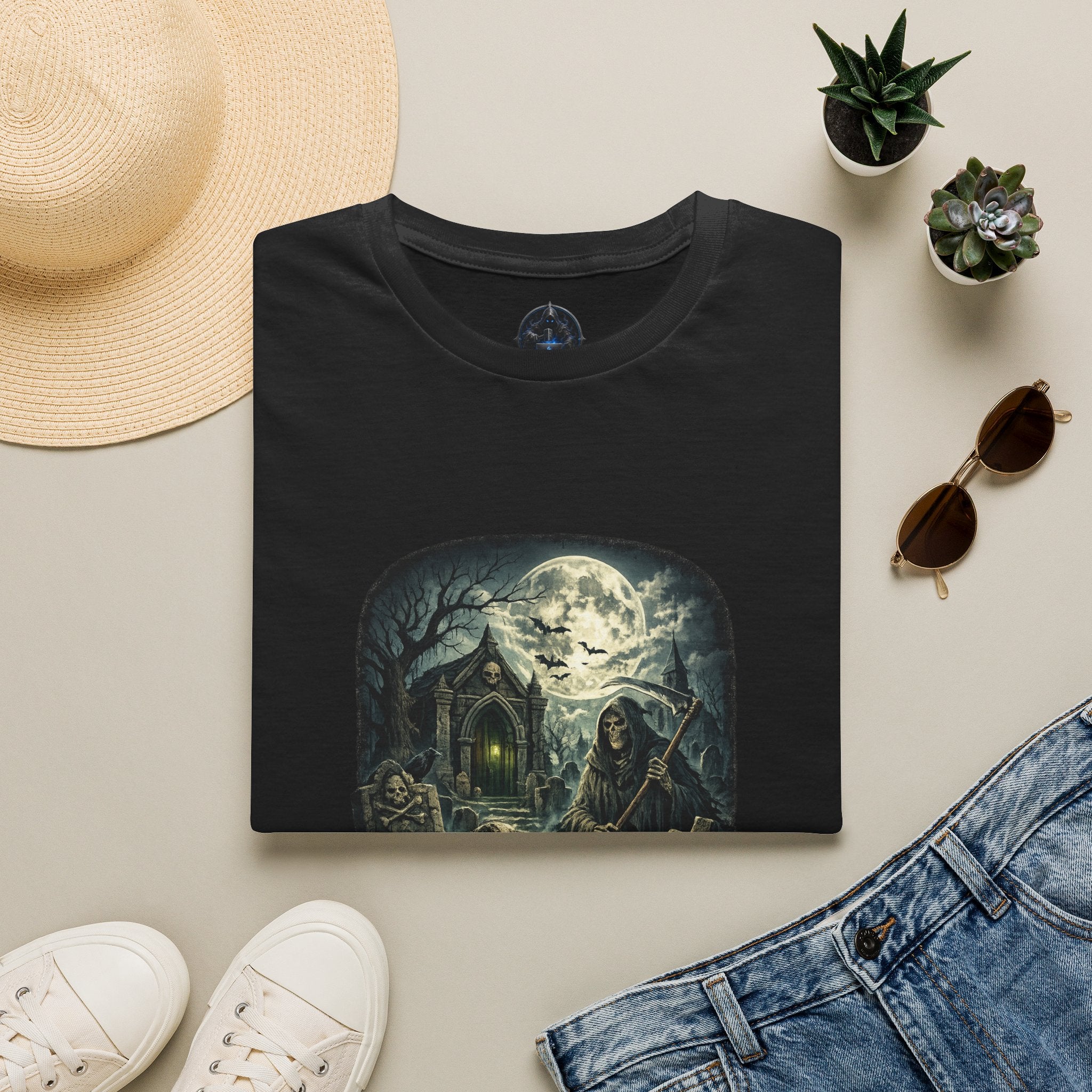 Haunted Graveyard T-Shirt — Moonlit Reaper & Haunted Crypt Graphic Tee