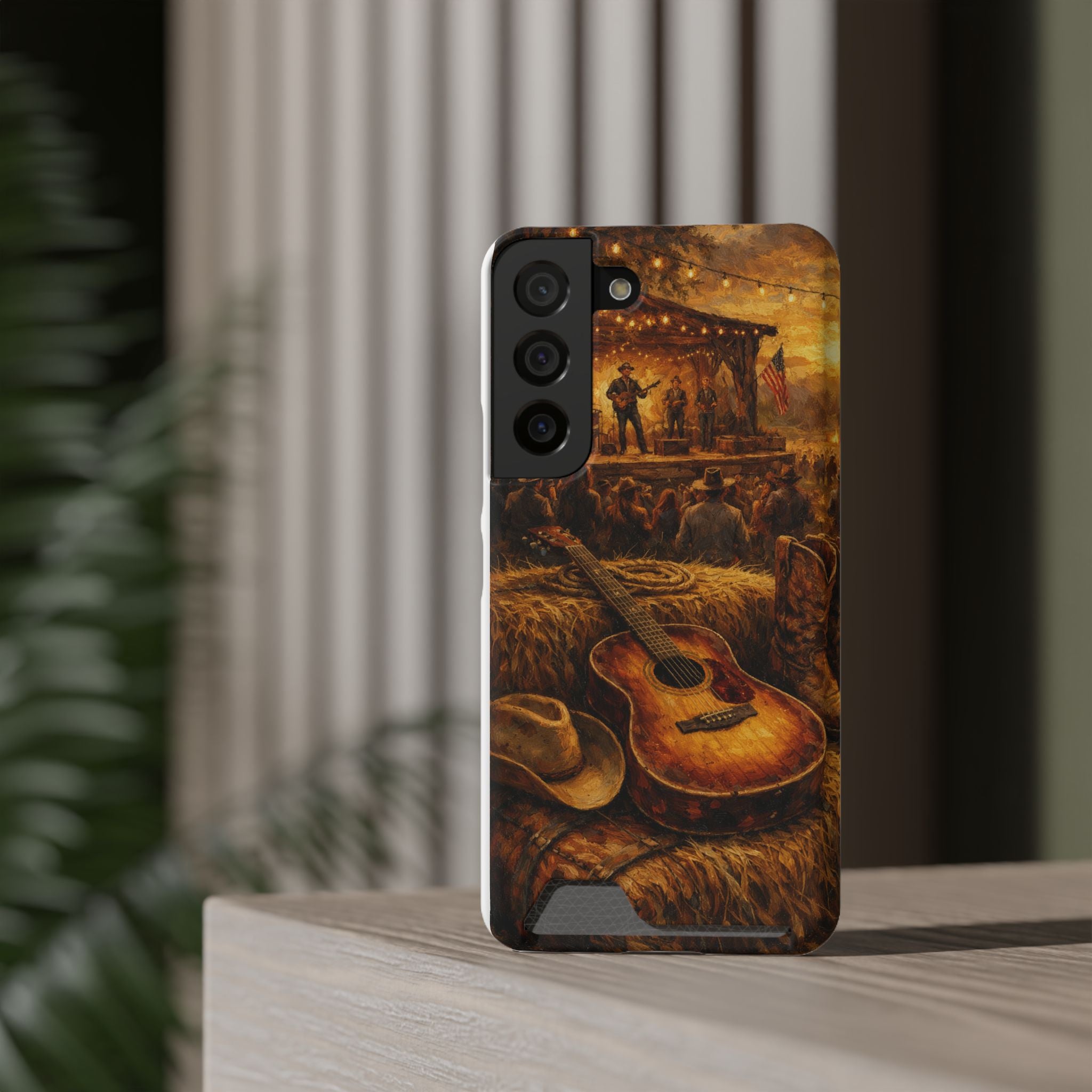 Country Music Guitar Phone Case with Card Holder — Rustic Concert Scene