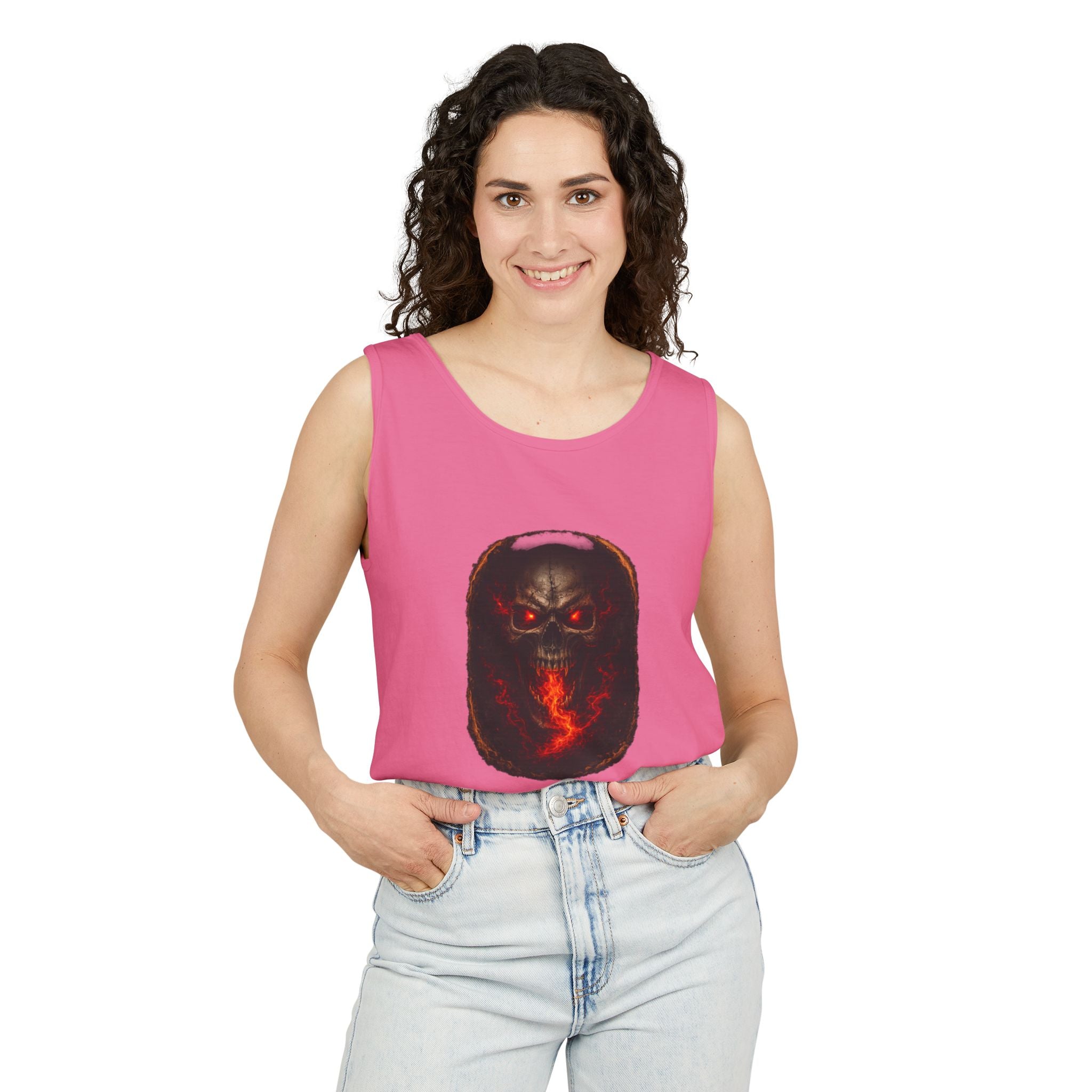 Demon Skull Flame Tank Top — Horror Graphic Summer Tee