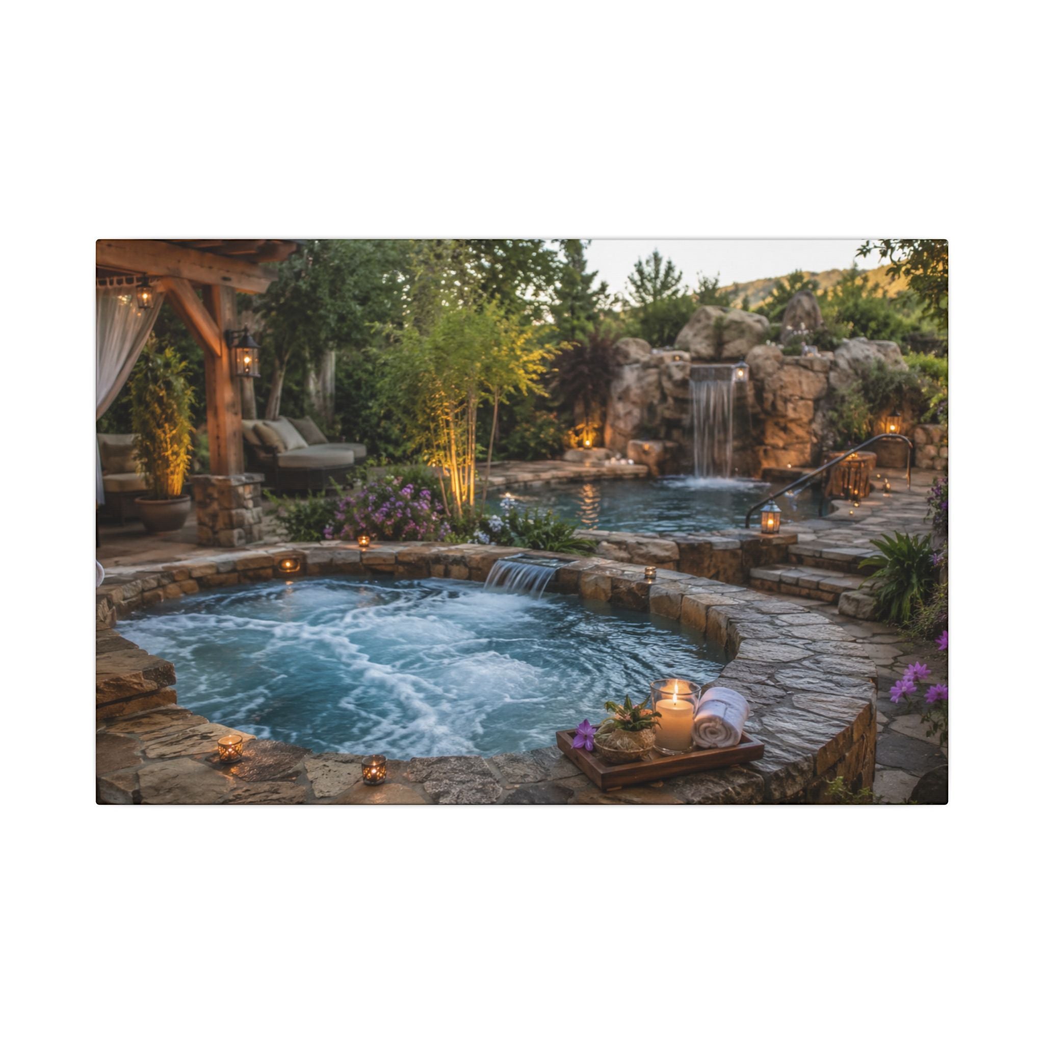 Relaxing Backyard Spa Canvas Wall Art – Tranquil Pool & Waterfall Scene