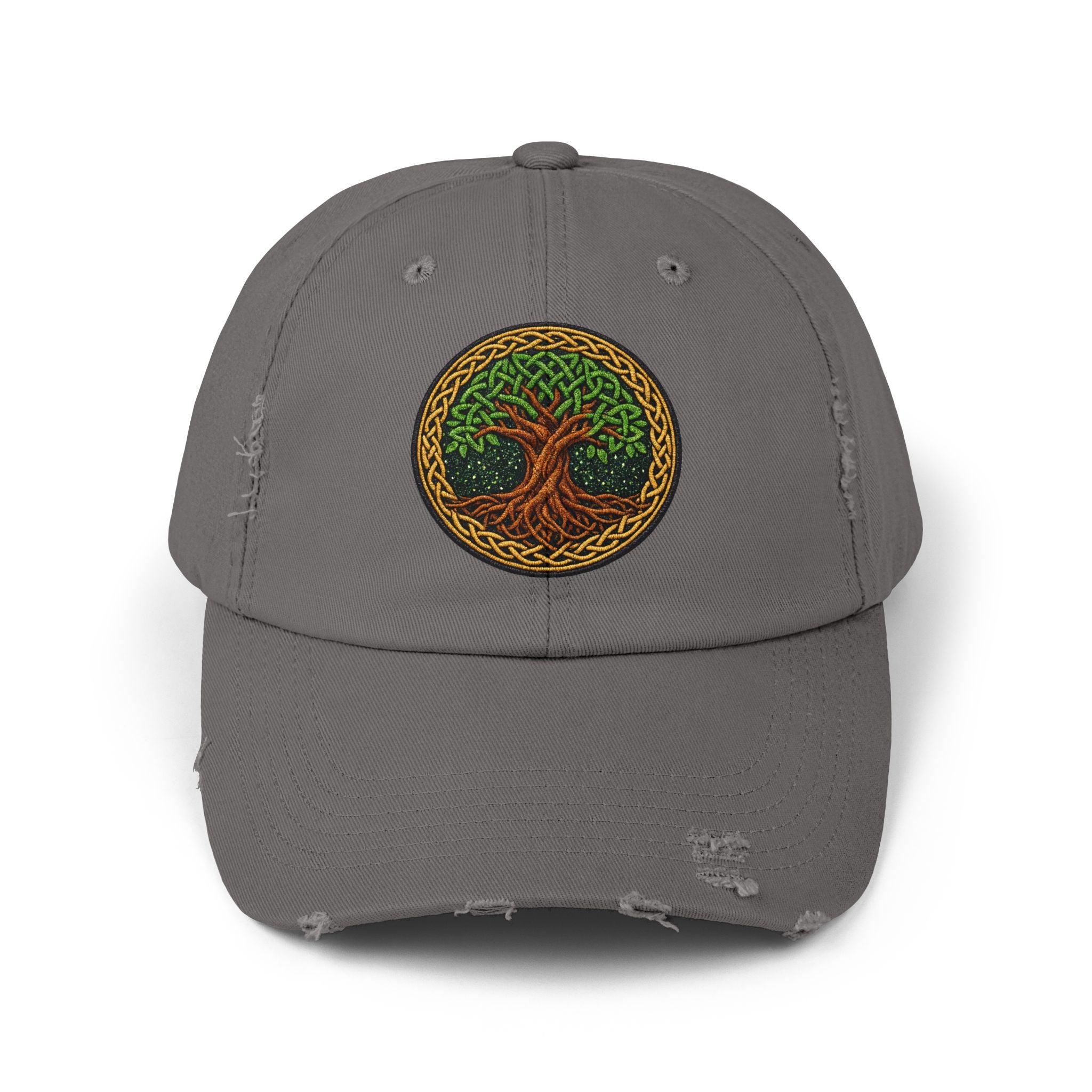 Distressed Baseball Cap — Celtic Tree of Life Faux-Embroidered Adjustable Hat