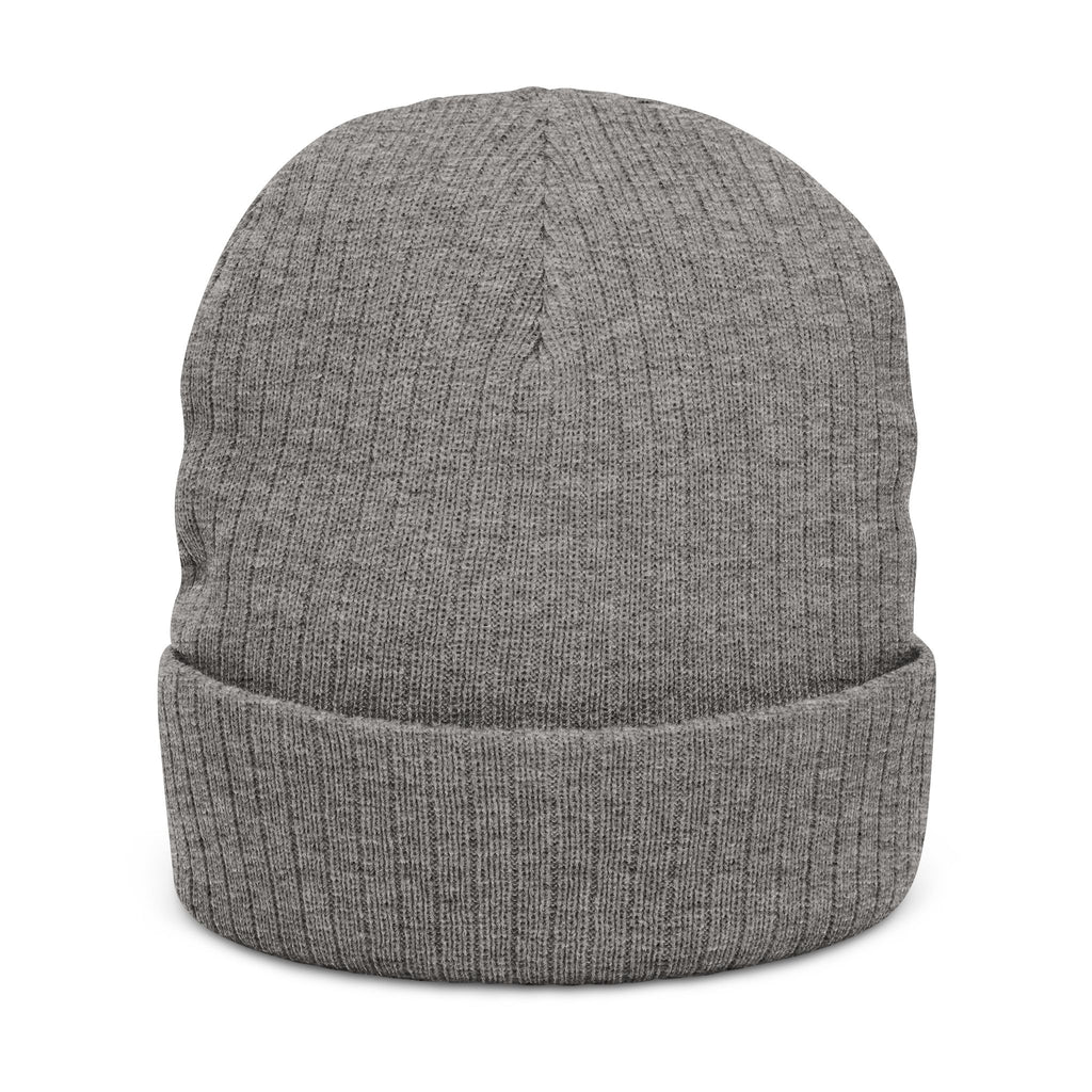 Faux-Embroidered Patch Ribbed Beanie — Vintage Crest Trio Knit Hat