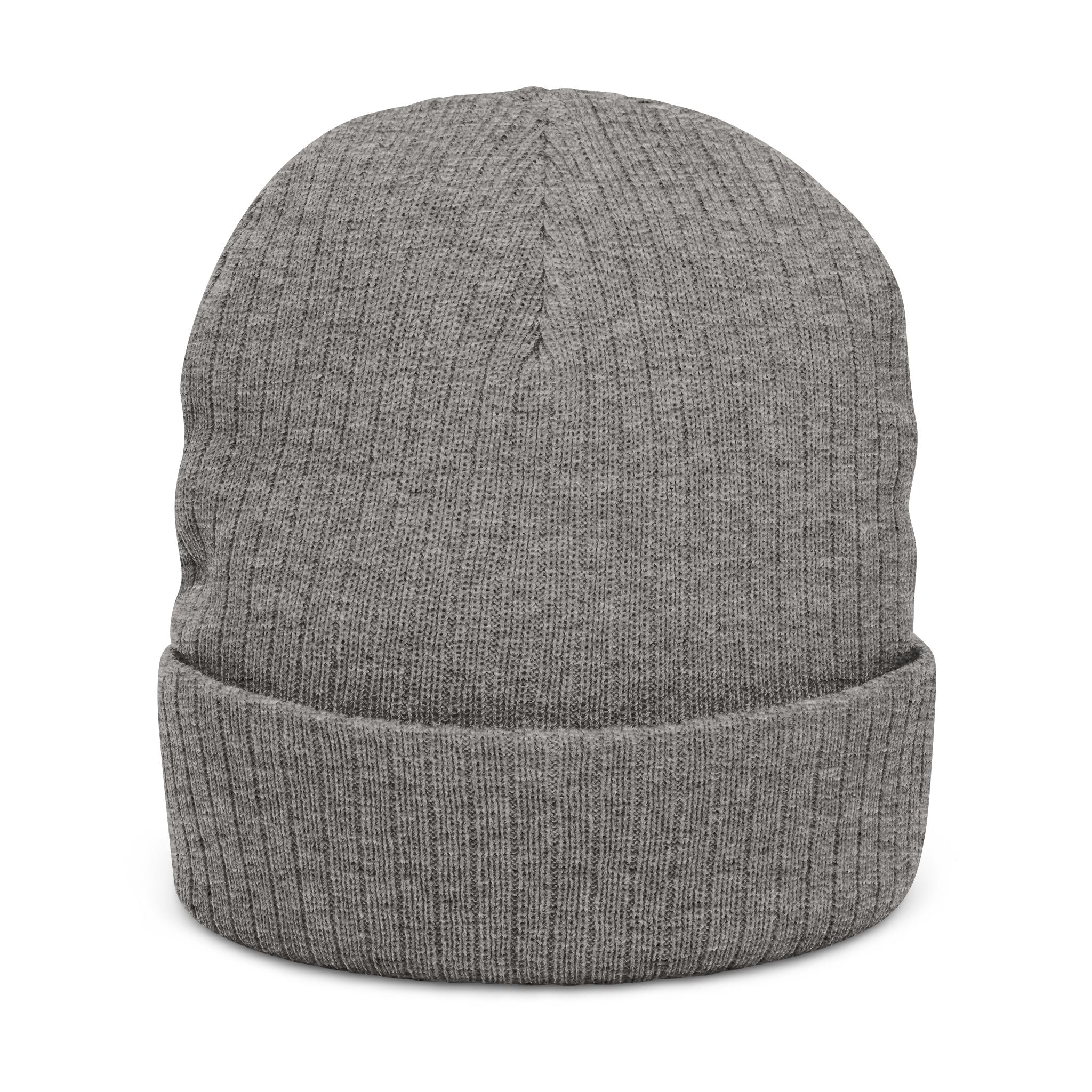 Faux-Embroidered Patch Ribbed Beanie — Vintage Crest Trio Knit Hat