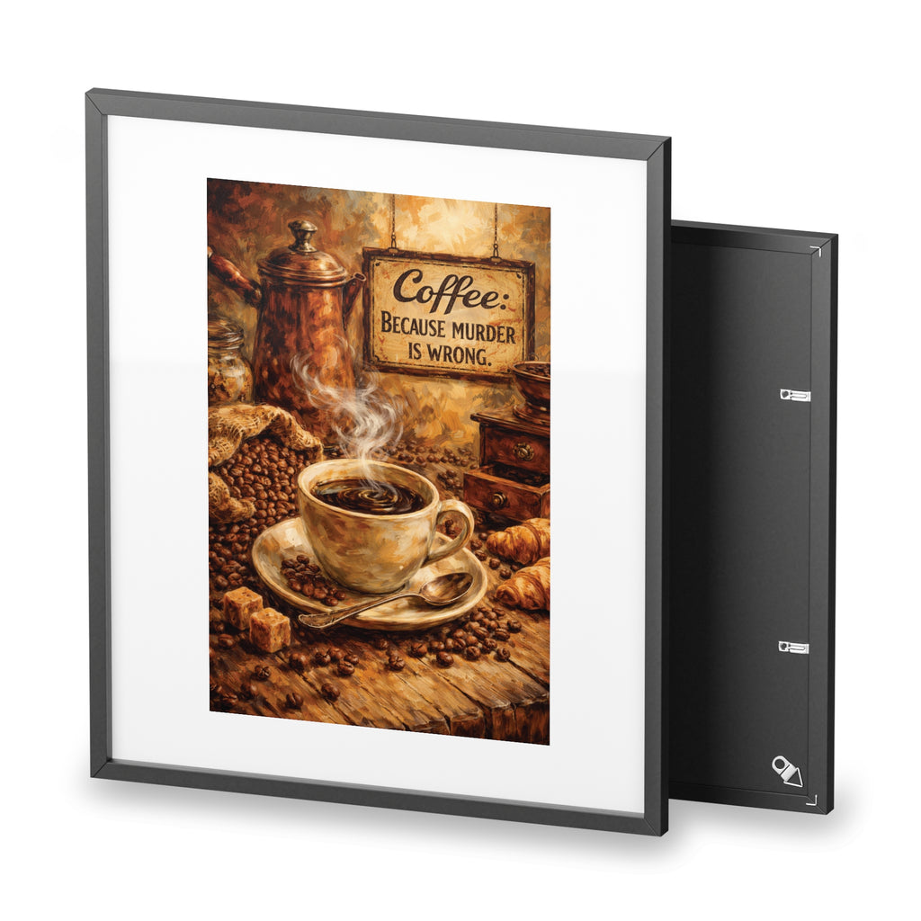 Framed Coffee Poster — "Coffee: Because Murder Is Wrong" Vintage Kitchen Wall Art