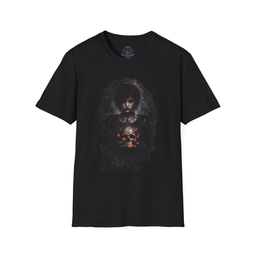 Gothic Portrait T-Shirt — Dark Woman with Skull Graphic