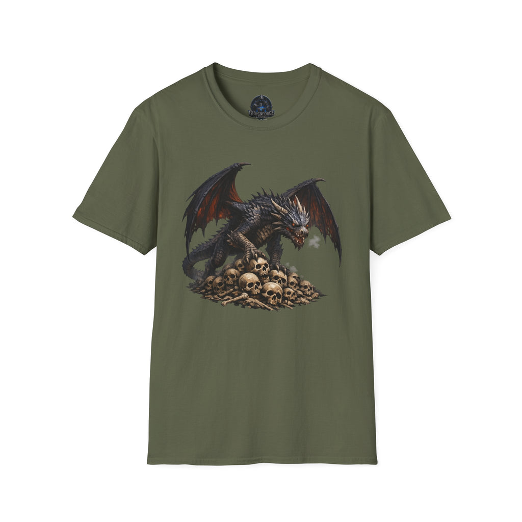 Dragon on Skull Pile Graphic T-Shirt — Dark Fantasy Winged Dragon Design