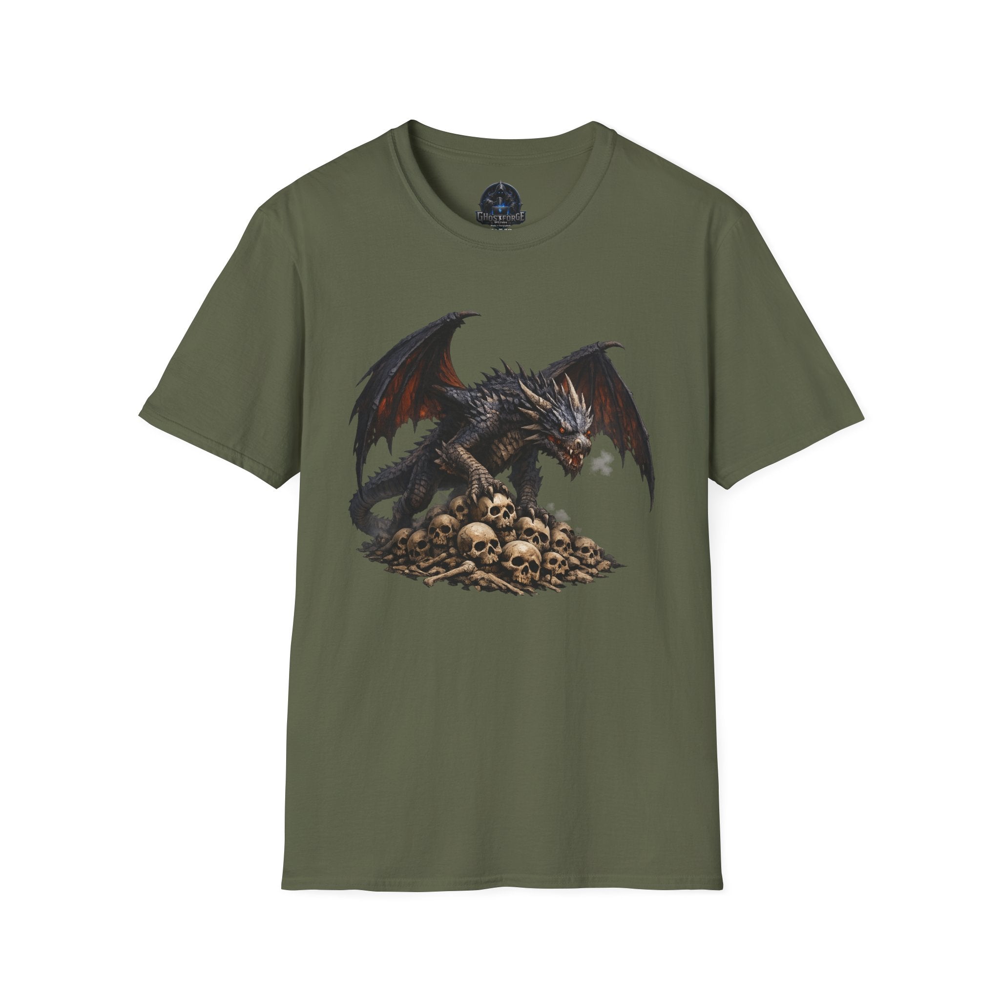Dragon on Skull Pile Graphic T-Shirt — Dark Fantasy Winged Dragon Design