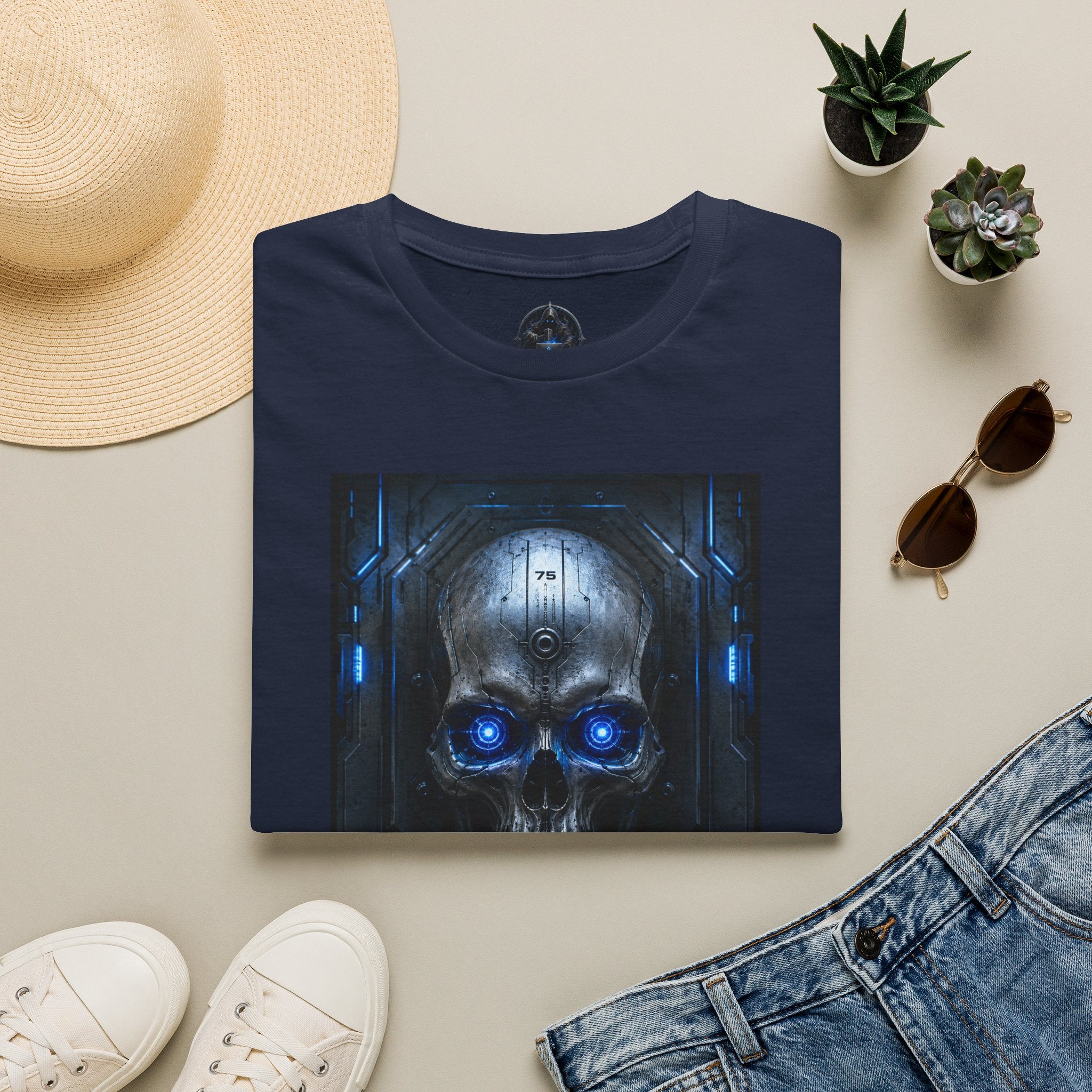 Skull Cyberpunk T-Shirt — Blue Glowing Skull Sci‑Fi Graphic Tee