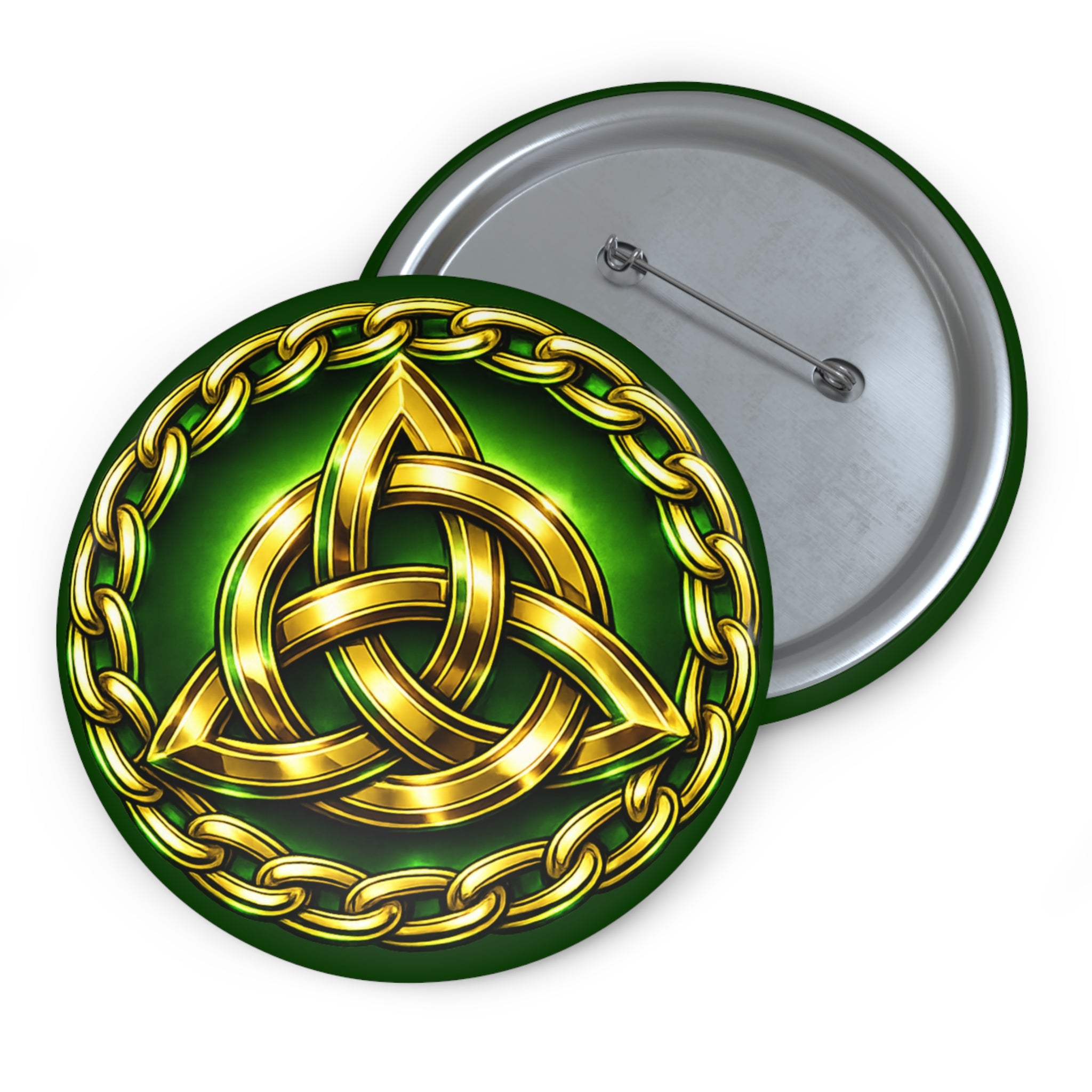 Celtic Knot Pin Button — Gold Trinity Knot on Green