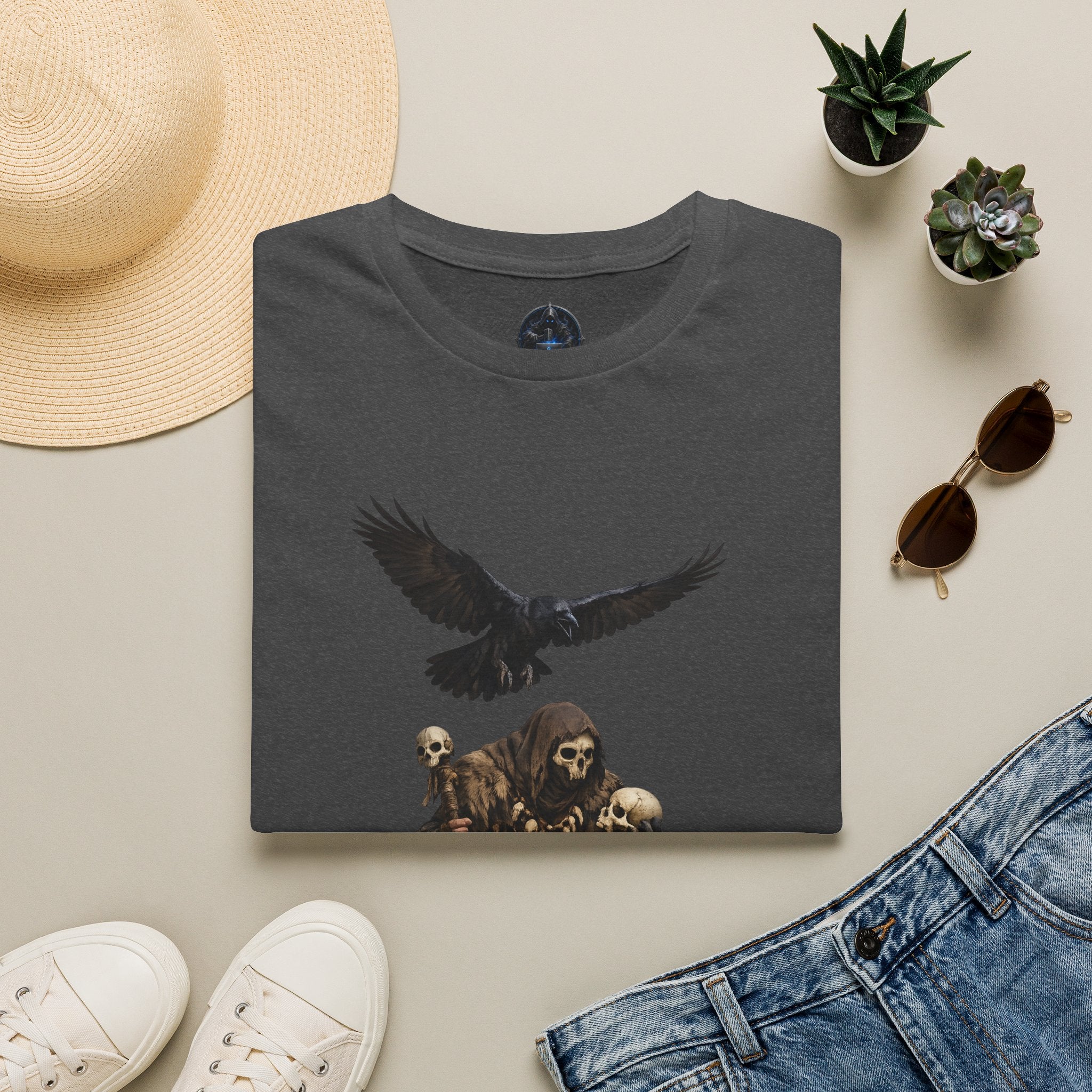 Bone Collector & Raven T-Shirt — Gothic Skull Cemetery Tee