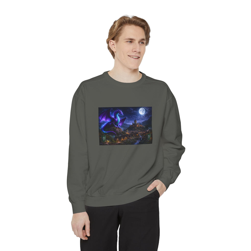 Dragon Night Sweatshirt — Mystical Purple Dragon Over Moonlit Village