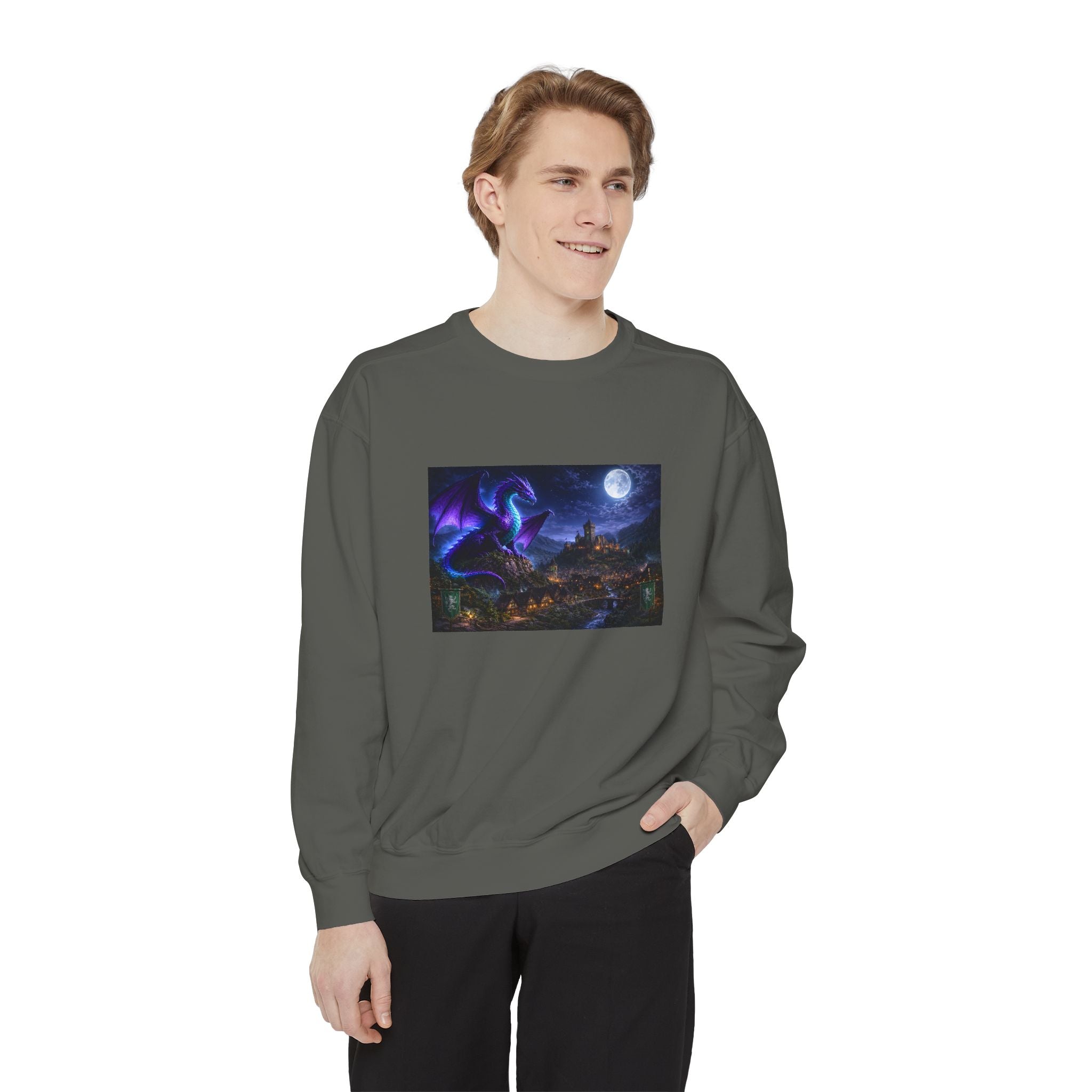 Dragon Night Sweatshirt — Mystical Purple Dragon Over Moonlit Village