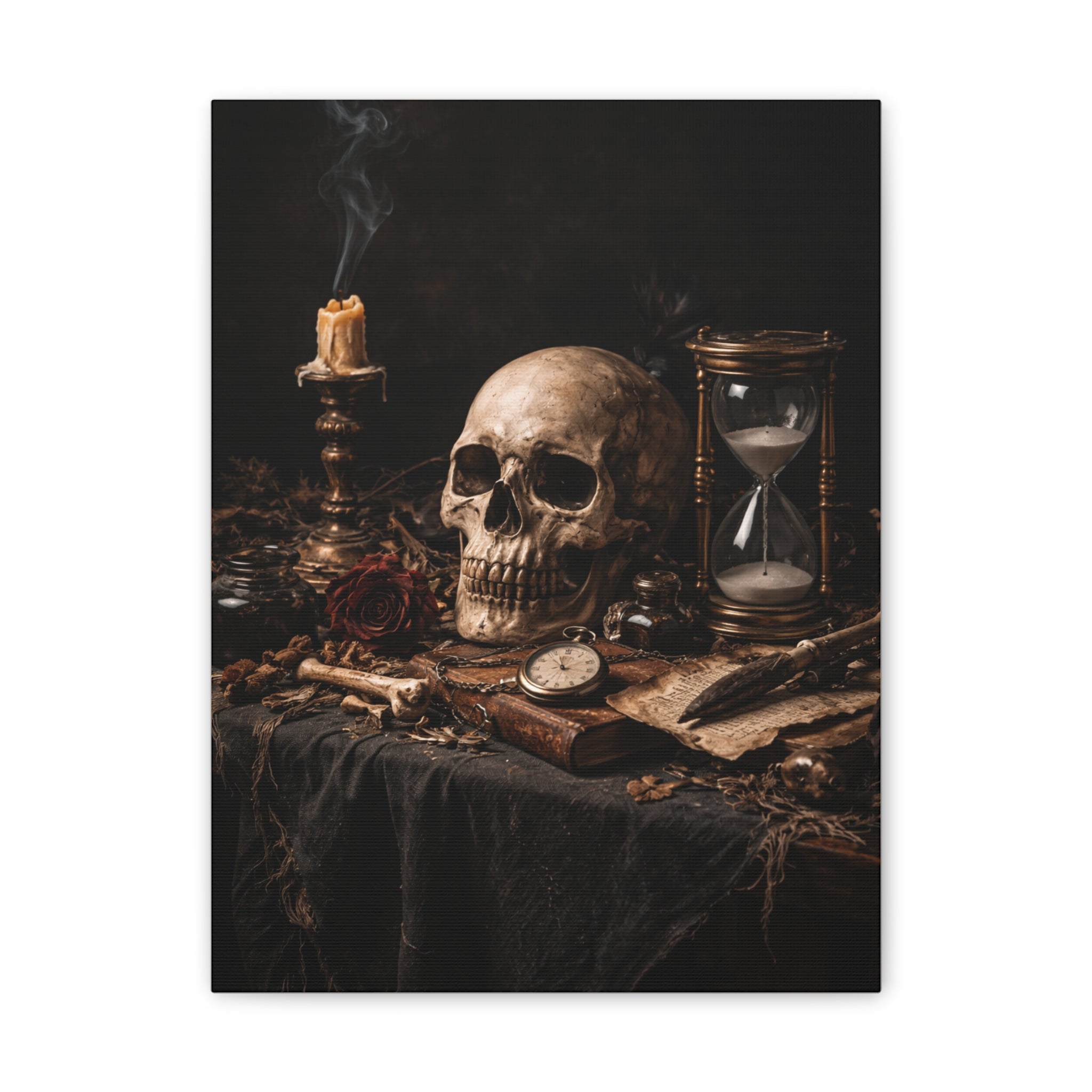 Memento Mori - Still Life Canvas — Skull, Hourglass & Candle Wall Art