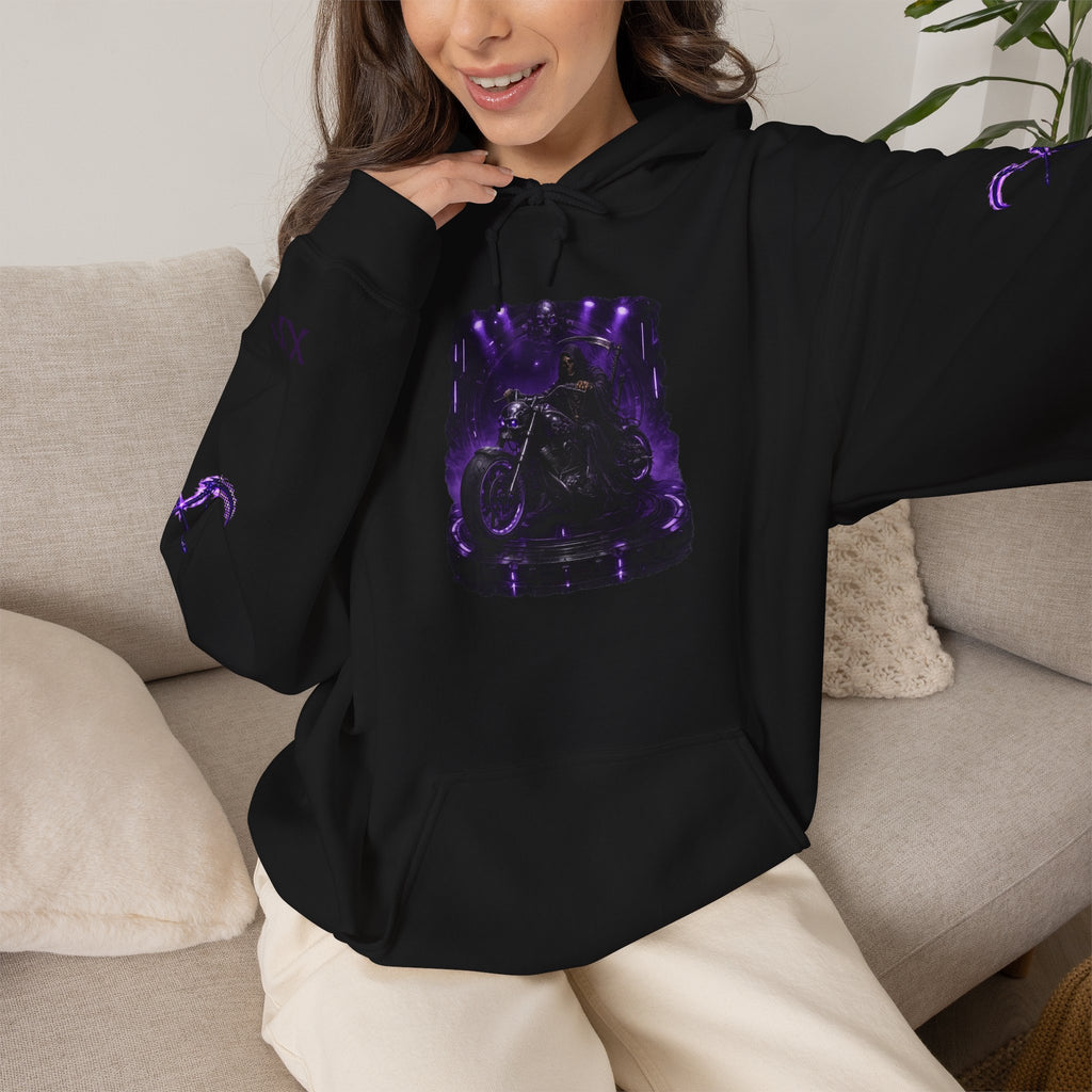 Premium Dark Rider Crew Hoodie — Purple Skull Motorcycle Biker Pullover