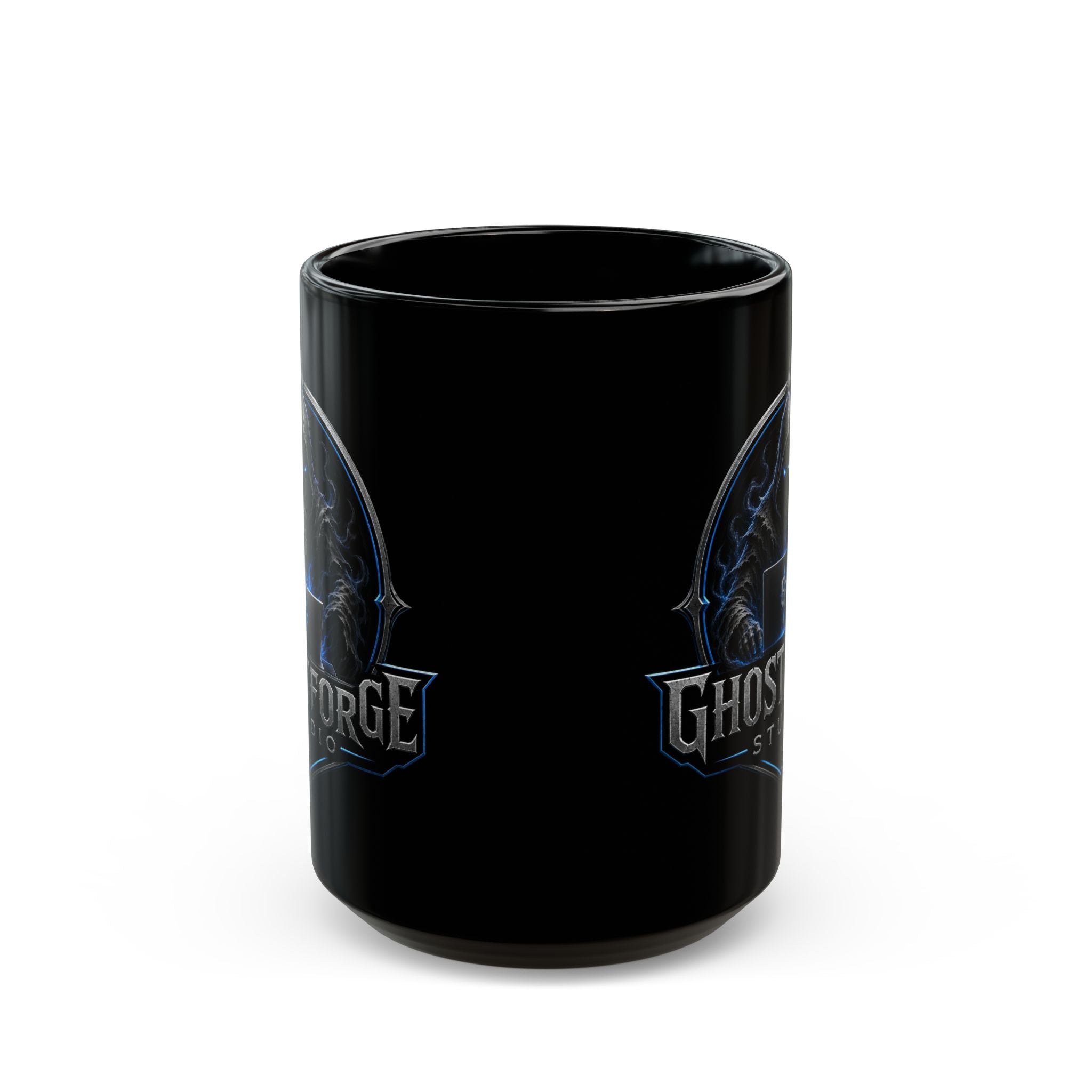 GhostForge Studio Logo Black Mug — Gaming Raven Hooded Emblem Coffee Cup (11oz/15oz)