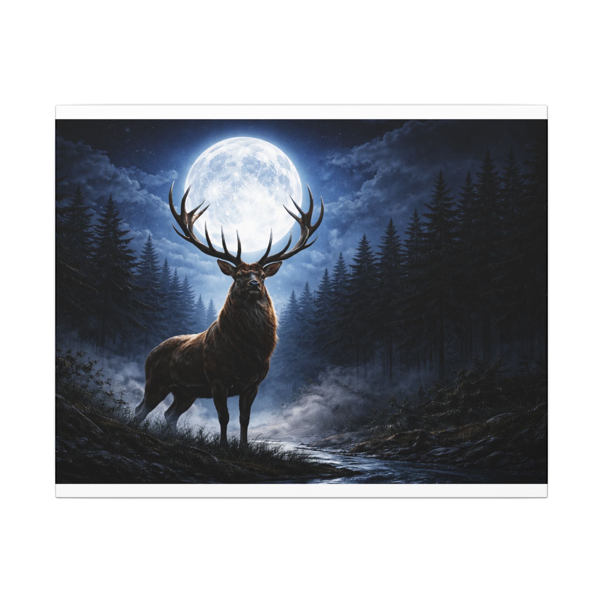 Moonlit Stag Canvas Wall Art — Majestic Deer in Forest Night Scene