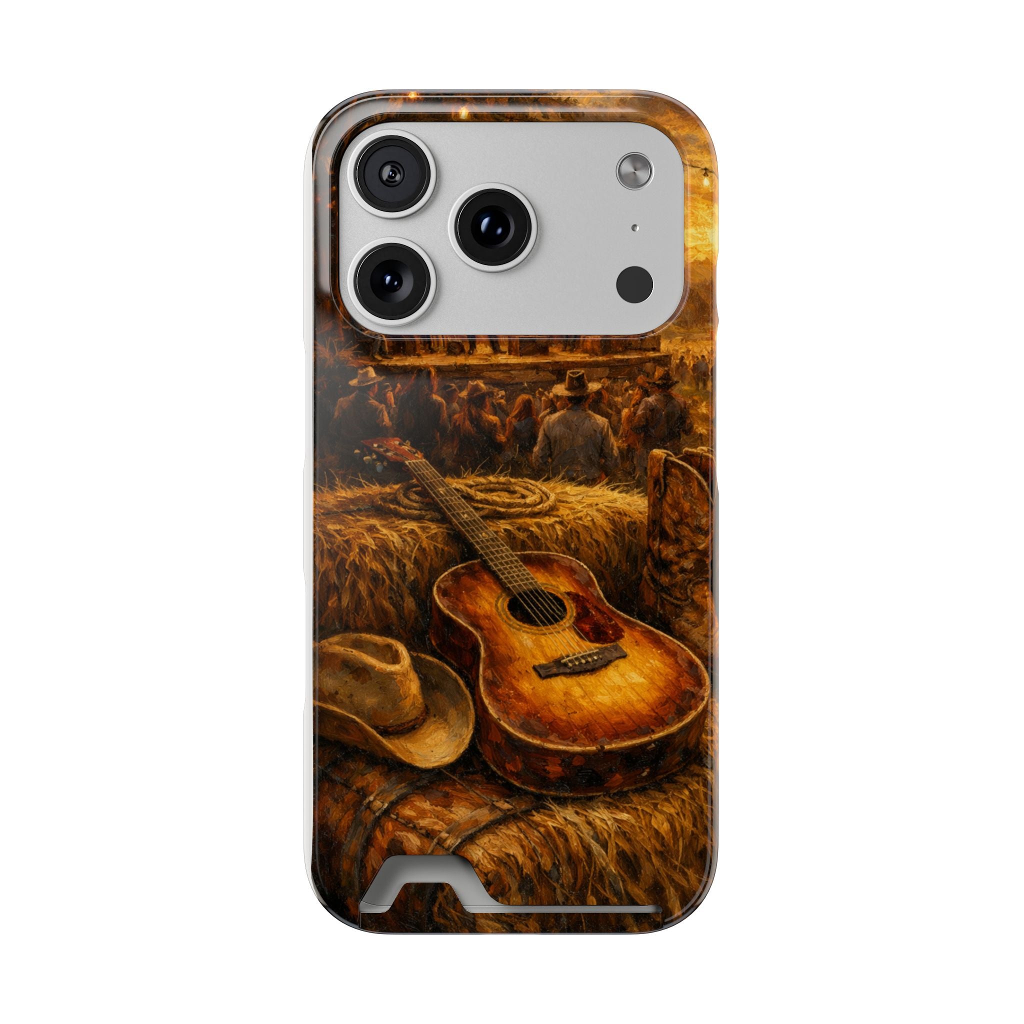 Country Music Guitar Phone Case with Card Holder — Rustic Concert Scene