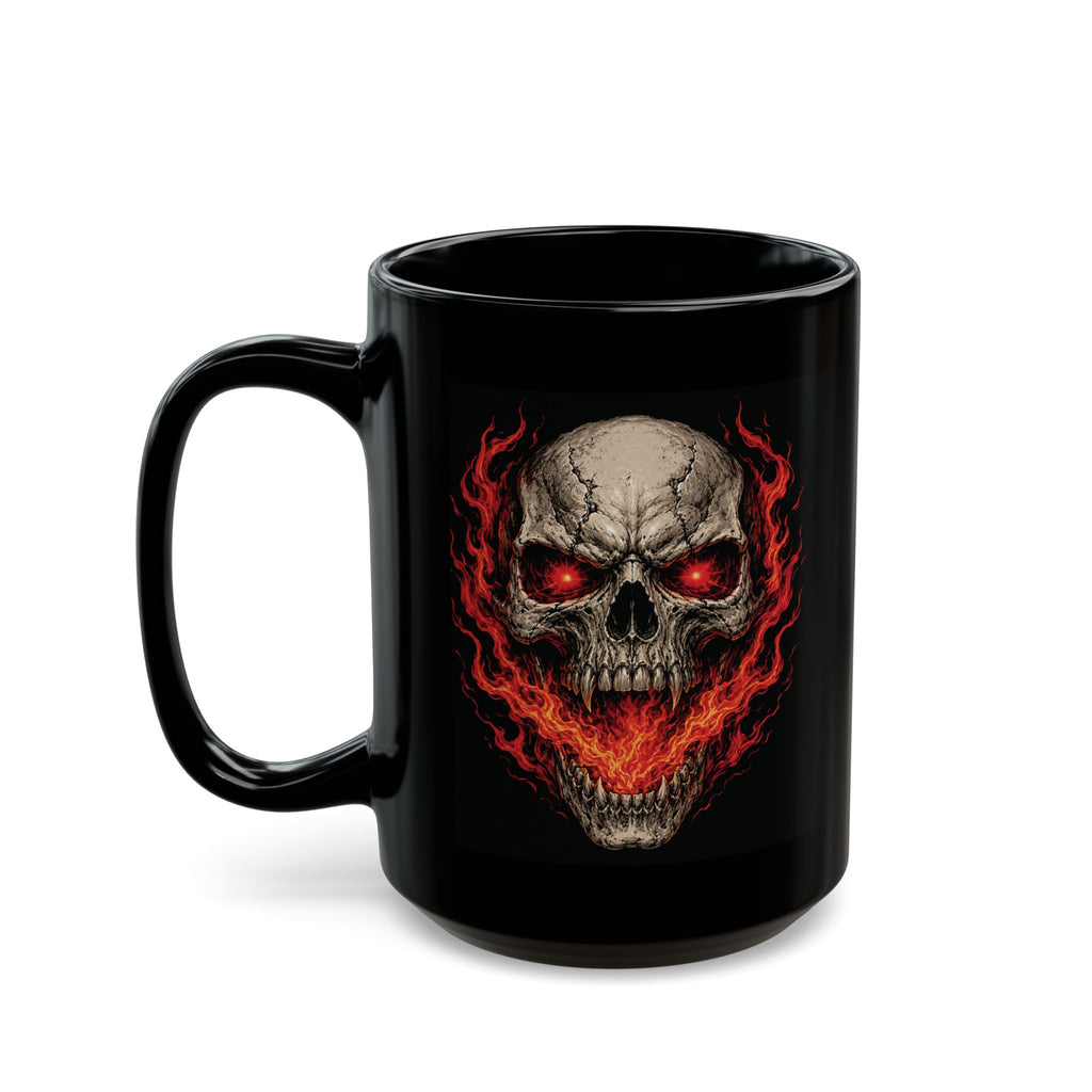 Flaming Skull Black Mug — Horror Skull Coffee Cup with Fiery Eyes (11oz/15oz)