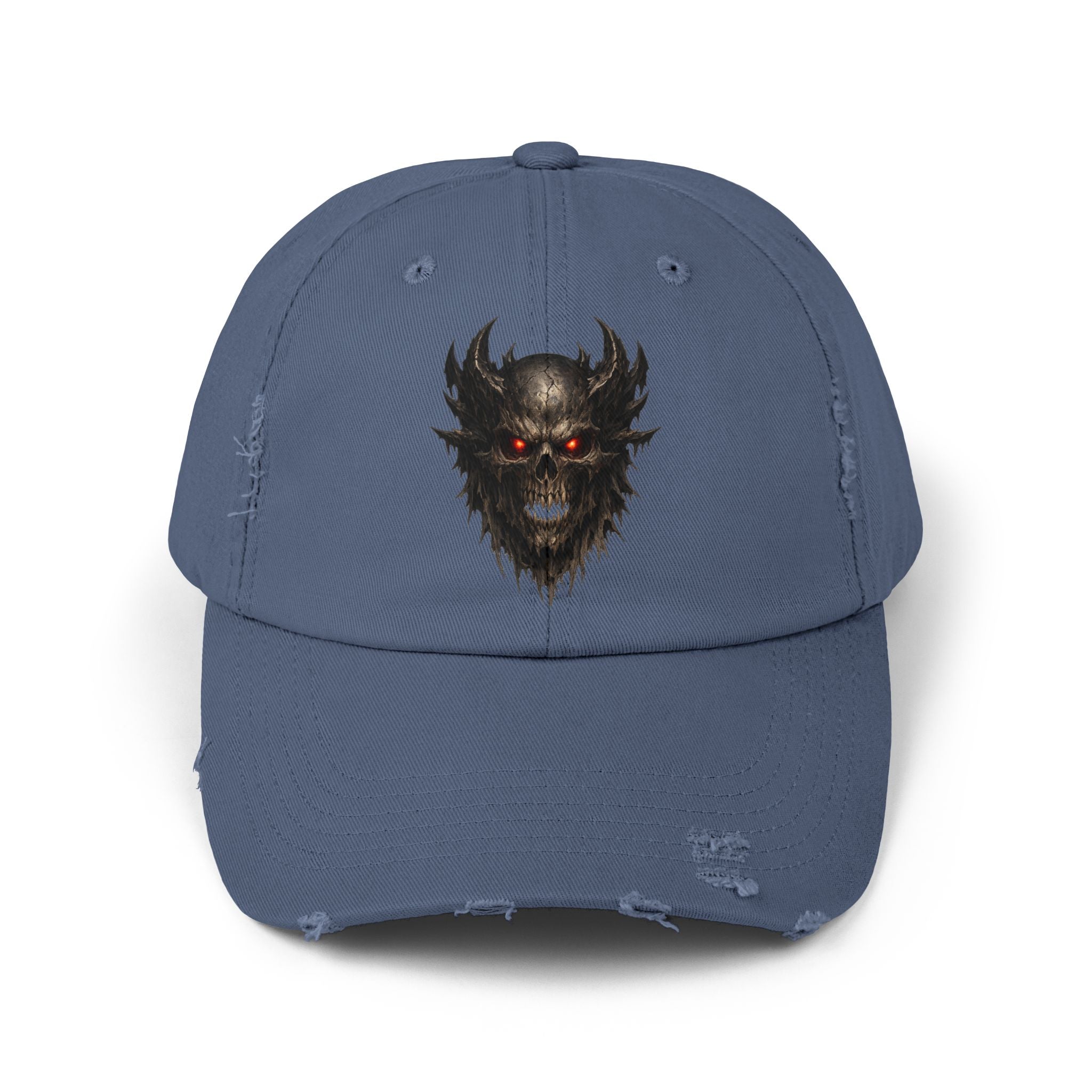 Distressed Skull Cap with Glowing Red Eyes — Gothic Demon Hat