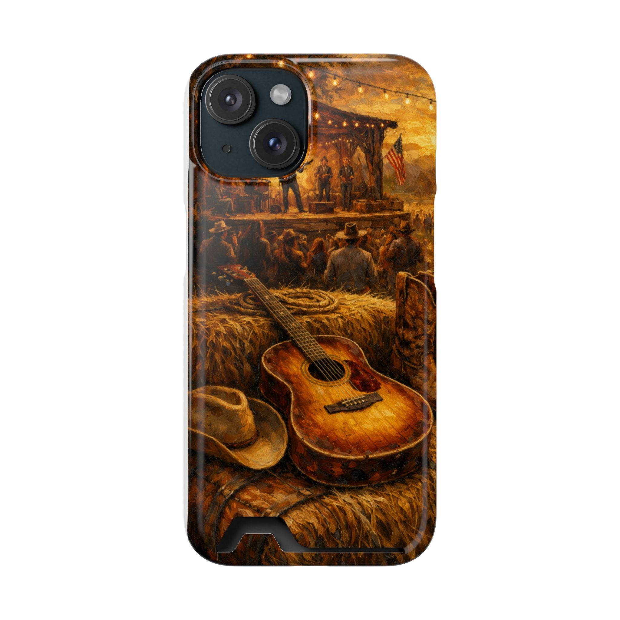 Country Music Guitar Phone Case with Card Holder — Rustic Concert Scene