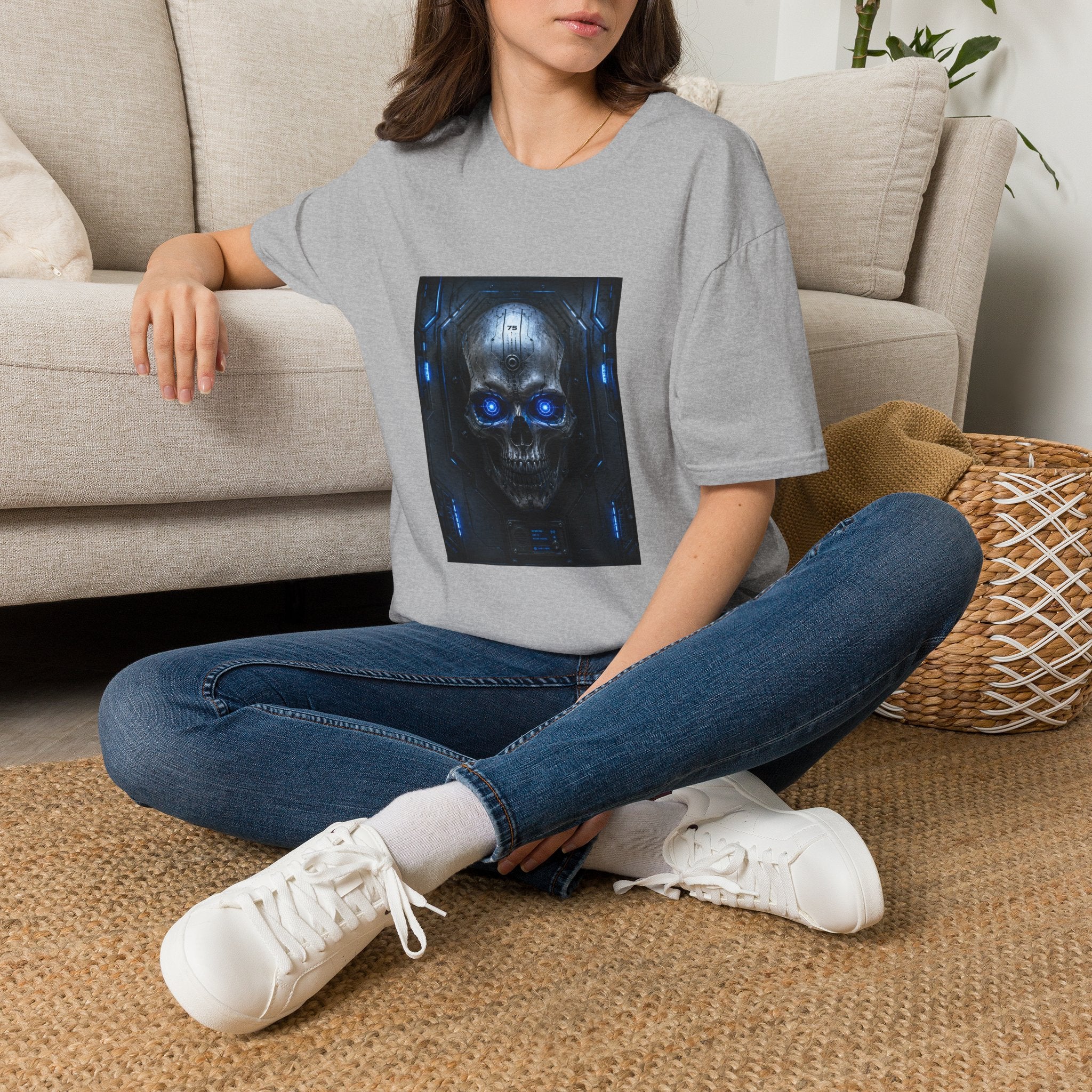 Skull Cyberpunk T-Shirt — Blue Glowing Skull Sci‑Fi Graphic Tee