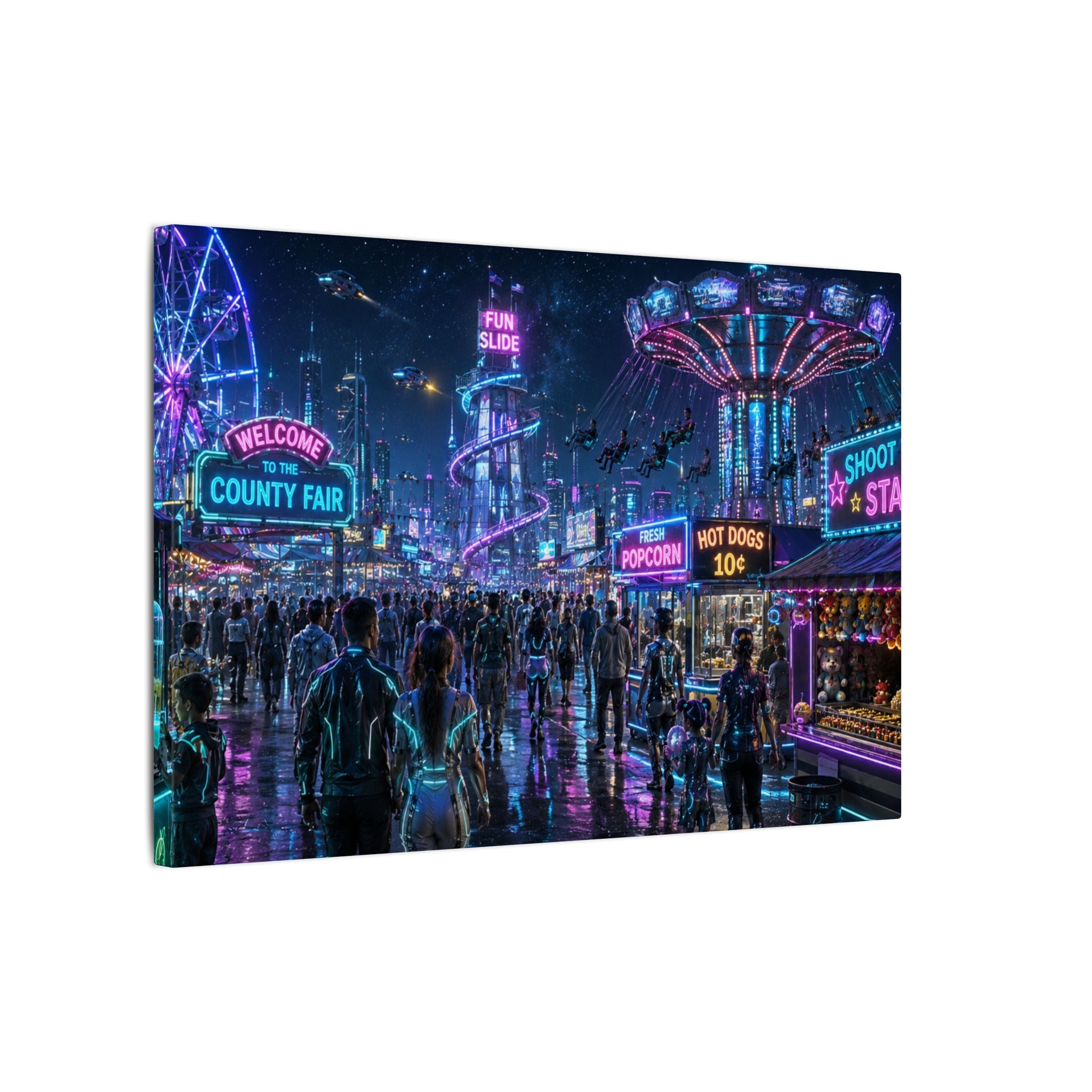 Neon County Fair Canvas Wall Art — Stretched Matte Carnival Nightscape