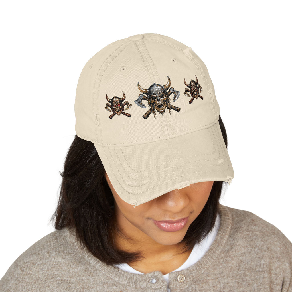 Distressed Viking Skull & Crossed Axes Embroidered Dad Hat