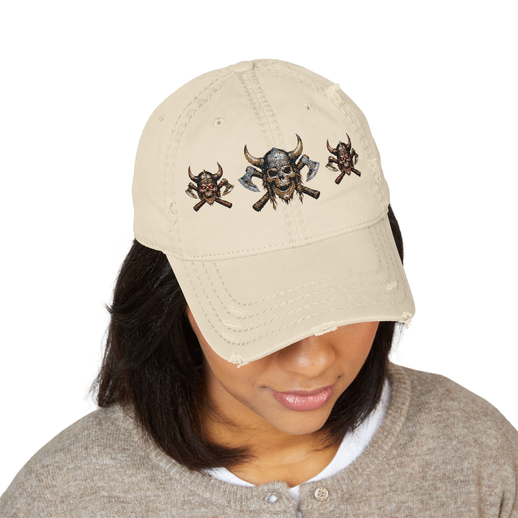 Distressed Viking Skull & Crossed Axes Embroidered Dad Hat