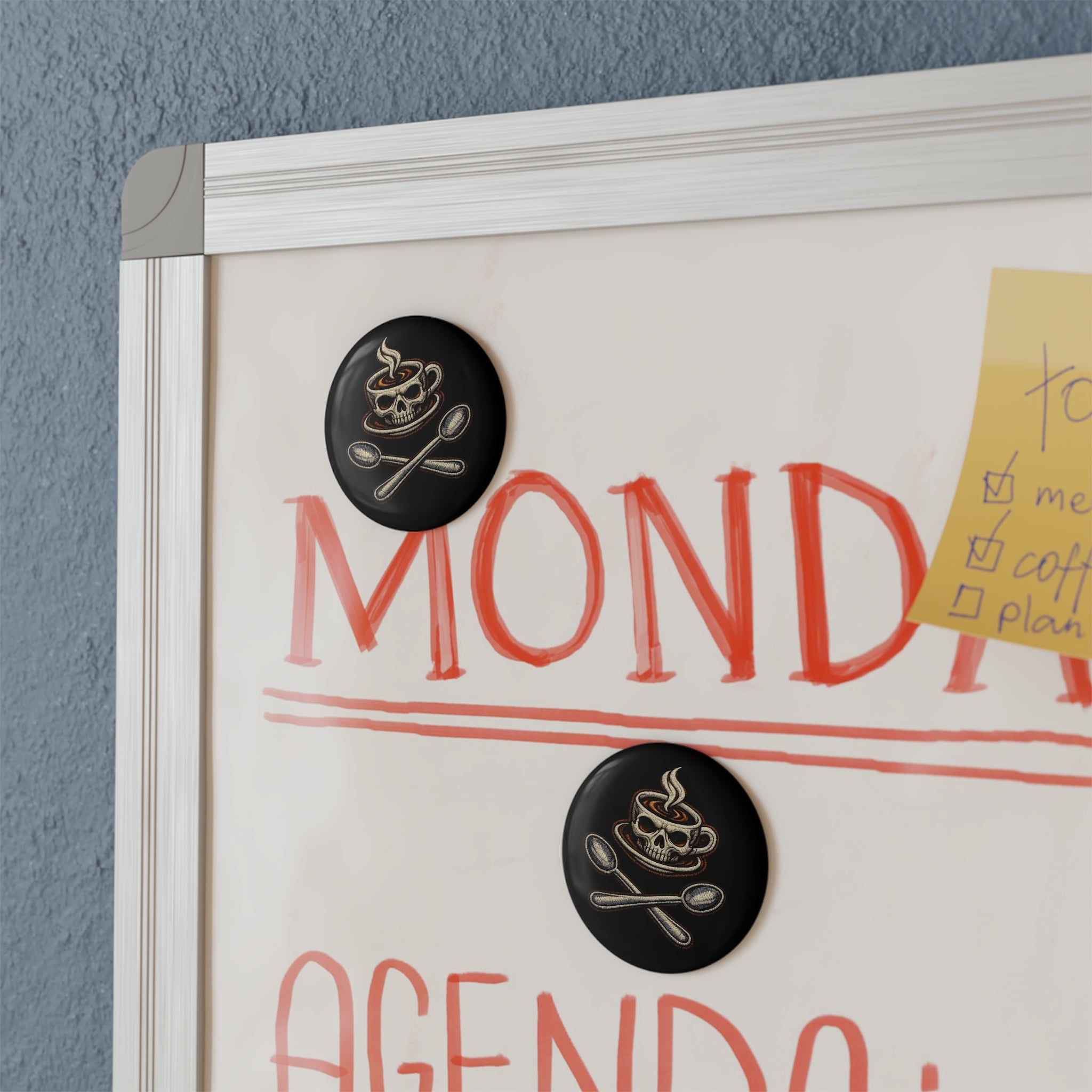 Skull Coffee Button Magnet — Dark Café Skull & Crossed Spoons Round Magnet