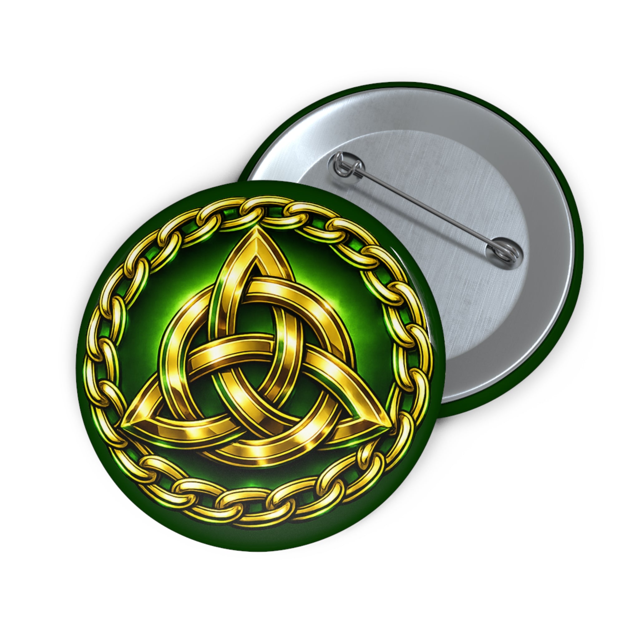 Celtic Knot Pin Button — Gold Trinity Knot on Green
