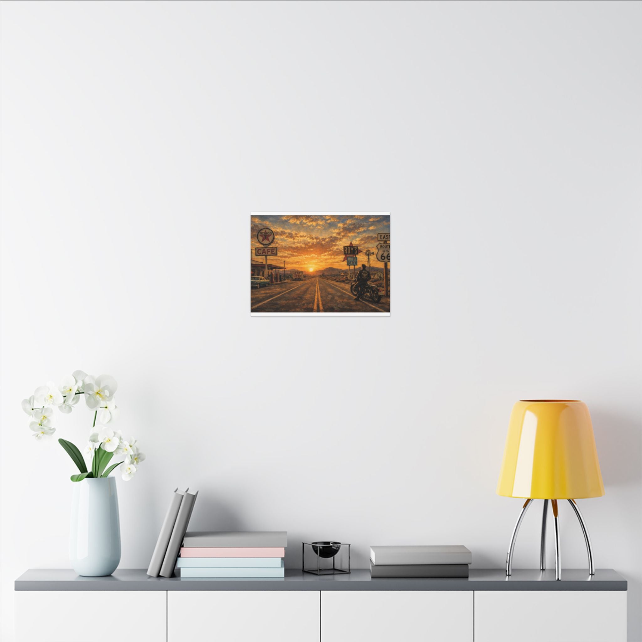 Route 66 Sunset Motorcycle Canvas Wall Art — Vintage Roadside Cafe Print