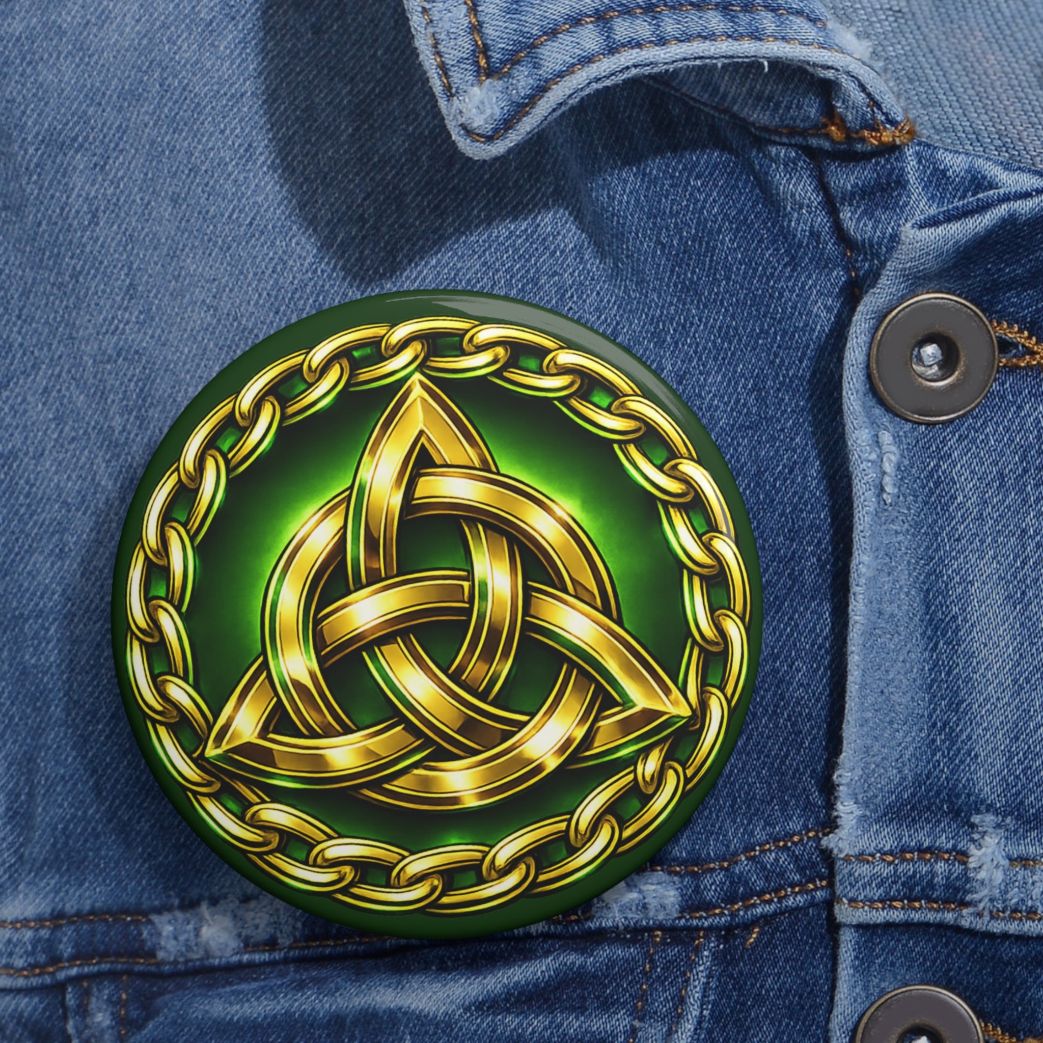 Celtic Knot Pin Button — Gold Trinity Knot on Green