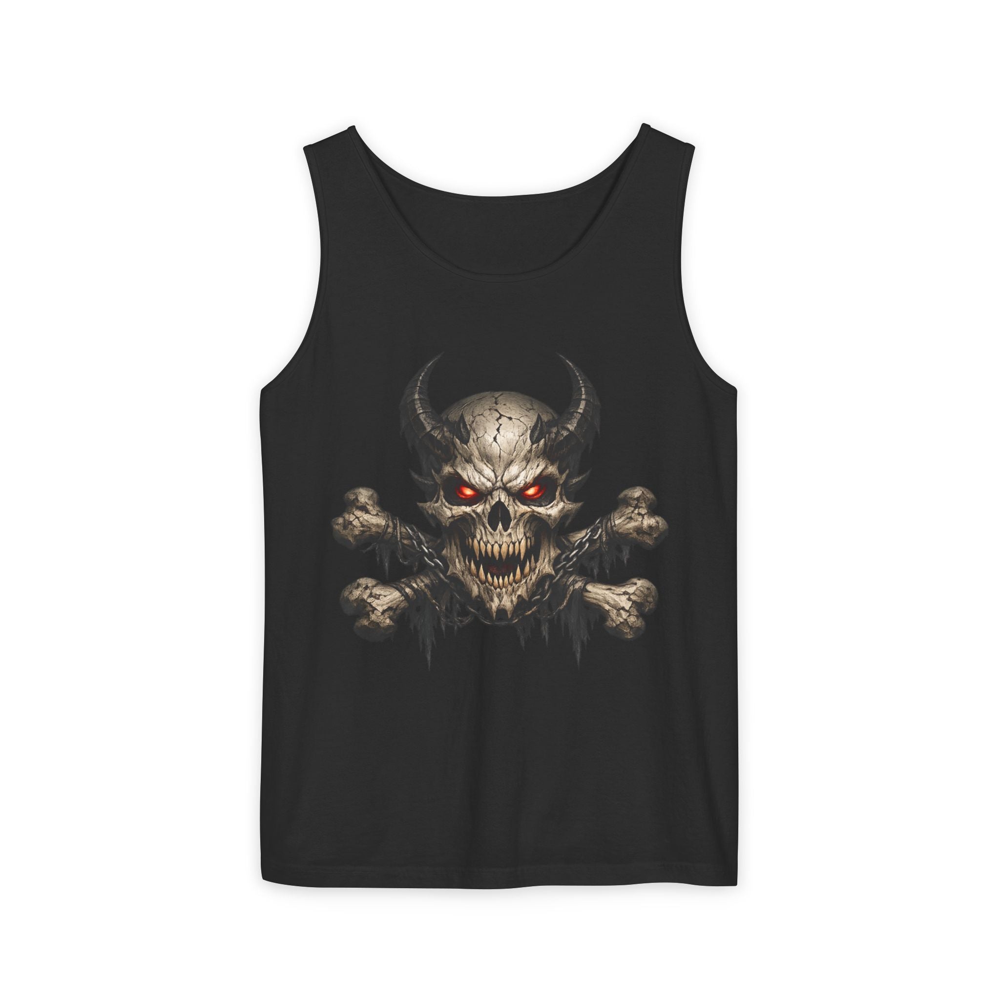 Demon Skull Tank Top — Red-Eyed Skull & Crossbones Graphic