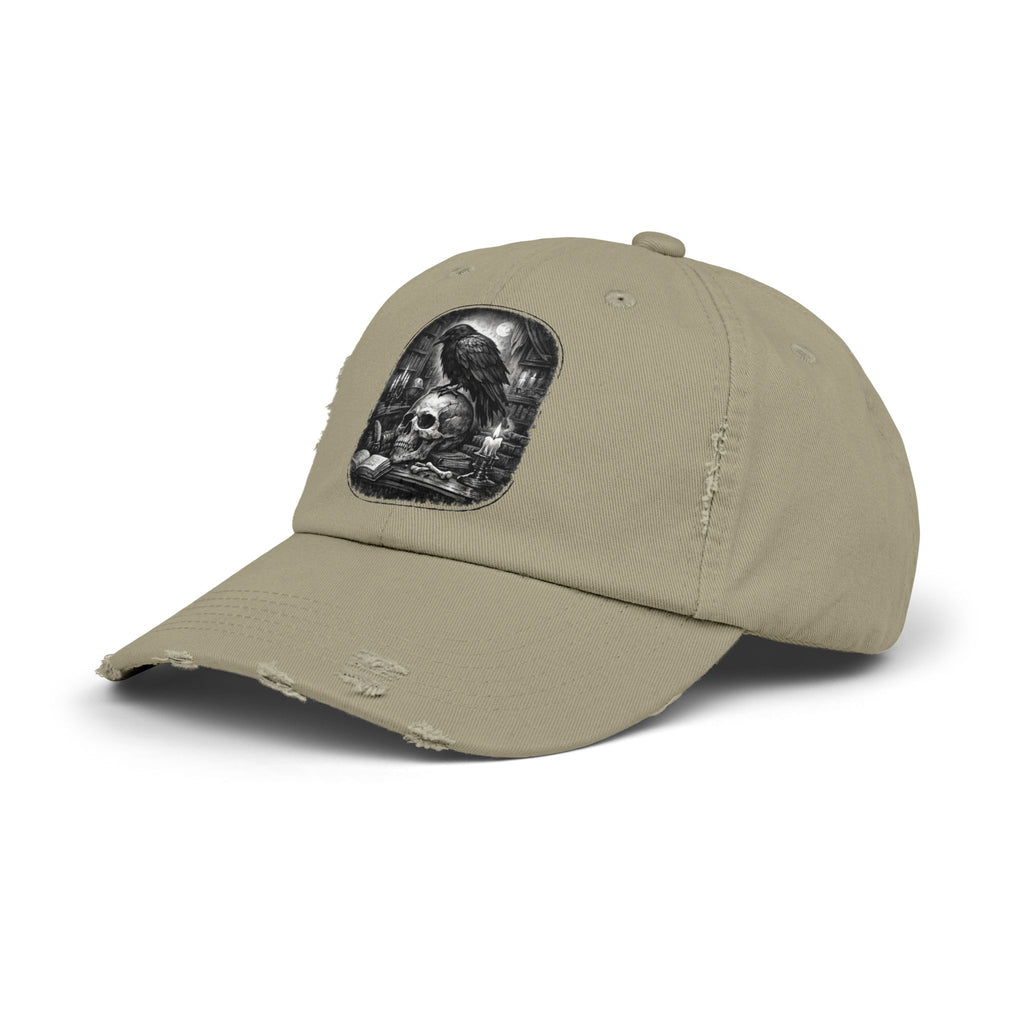 Distressed Raven & Skull Cap — Gothic Vintage Baseball Hat