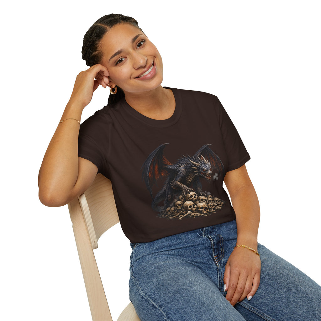 Dragon on Skull Pile Graphic T-Shirt — Dark Fantasy Winged Dragon Design