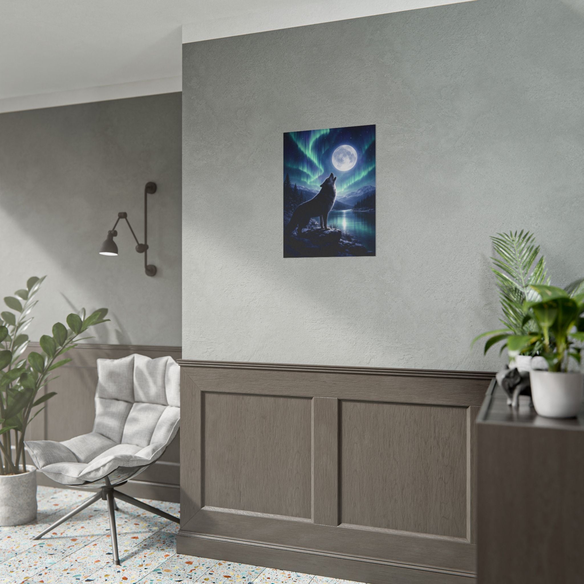 Wolf Howl Moon Poster – Northern Lights Landscape Wall Art