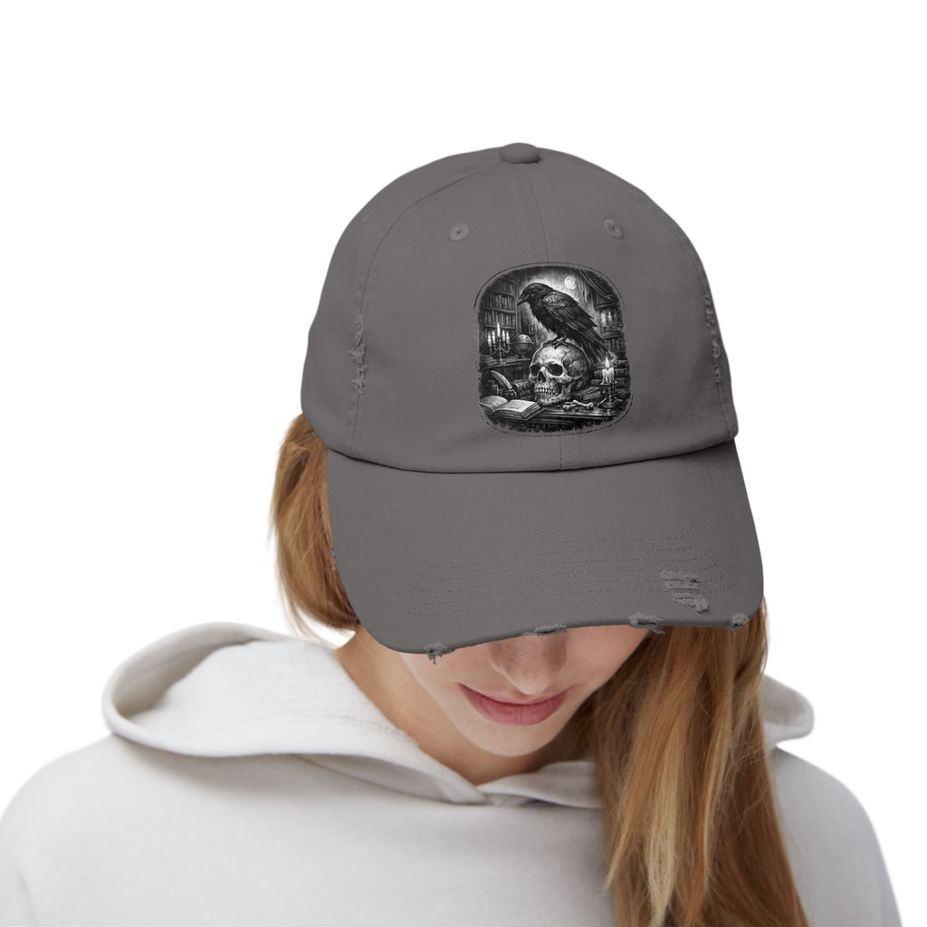 Distressed Raven & Skull Cap — Gothic Vintage Baseball Hat