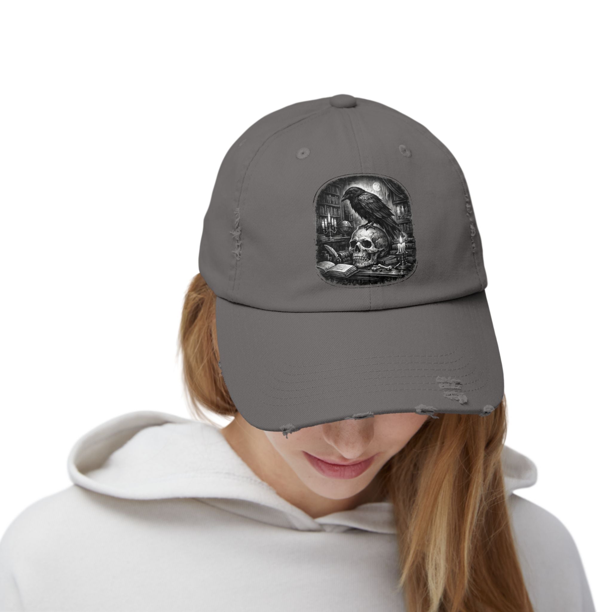 Distressed Raven & Skull Cap — Gothic Vintage Baseball Hat