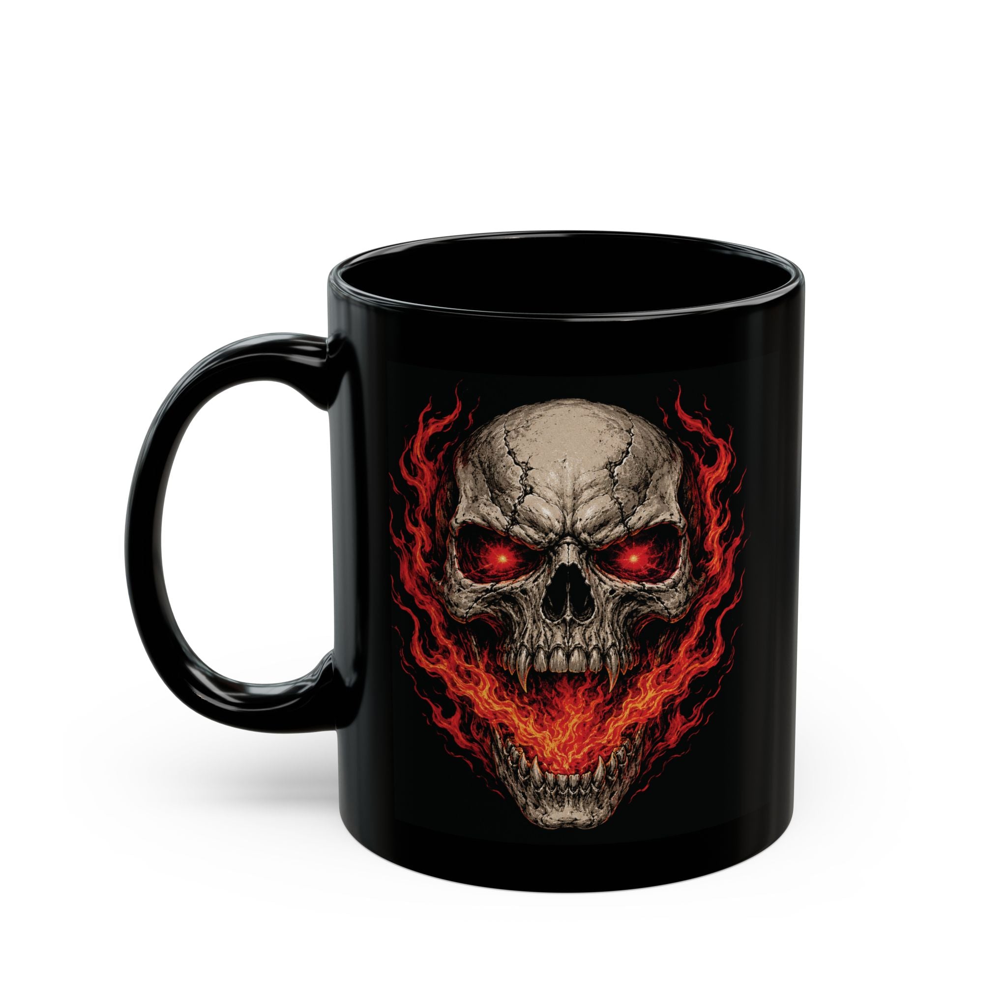 Flaming Skull Black Mug — Horror Skull Coffee Cup with Fiery Eyes (11oz/15oz)
