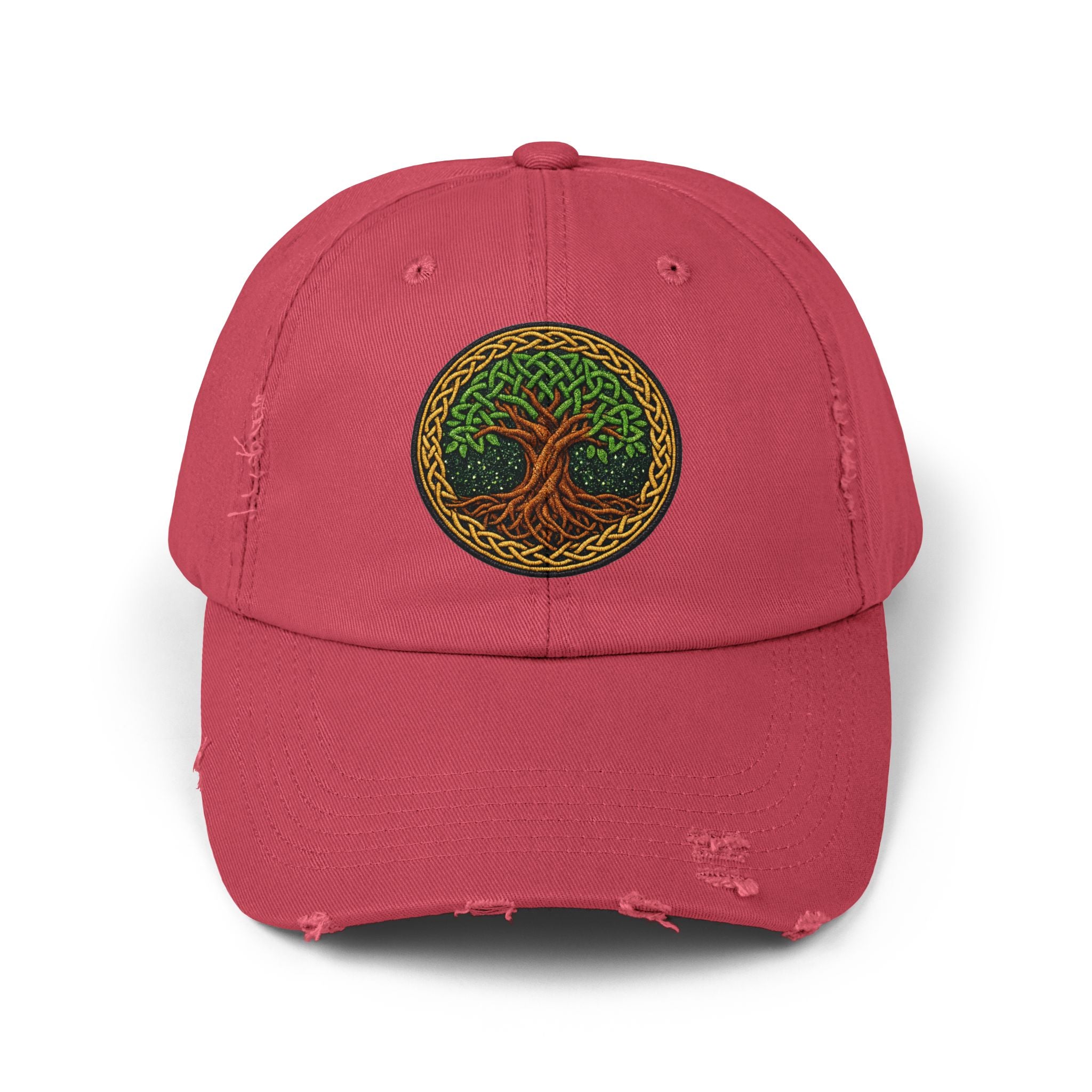 Distressed Baseball Cap — Celtic Tree of Life Faux-Embroidered Adjustable Hat